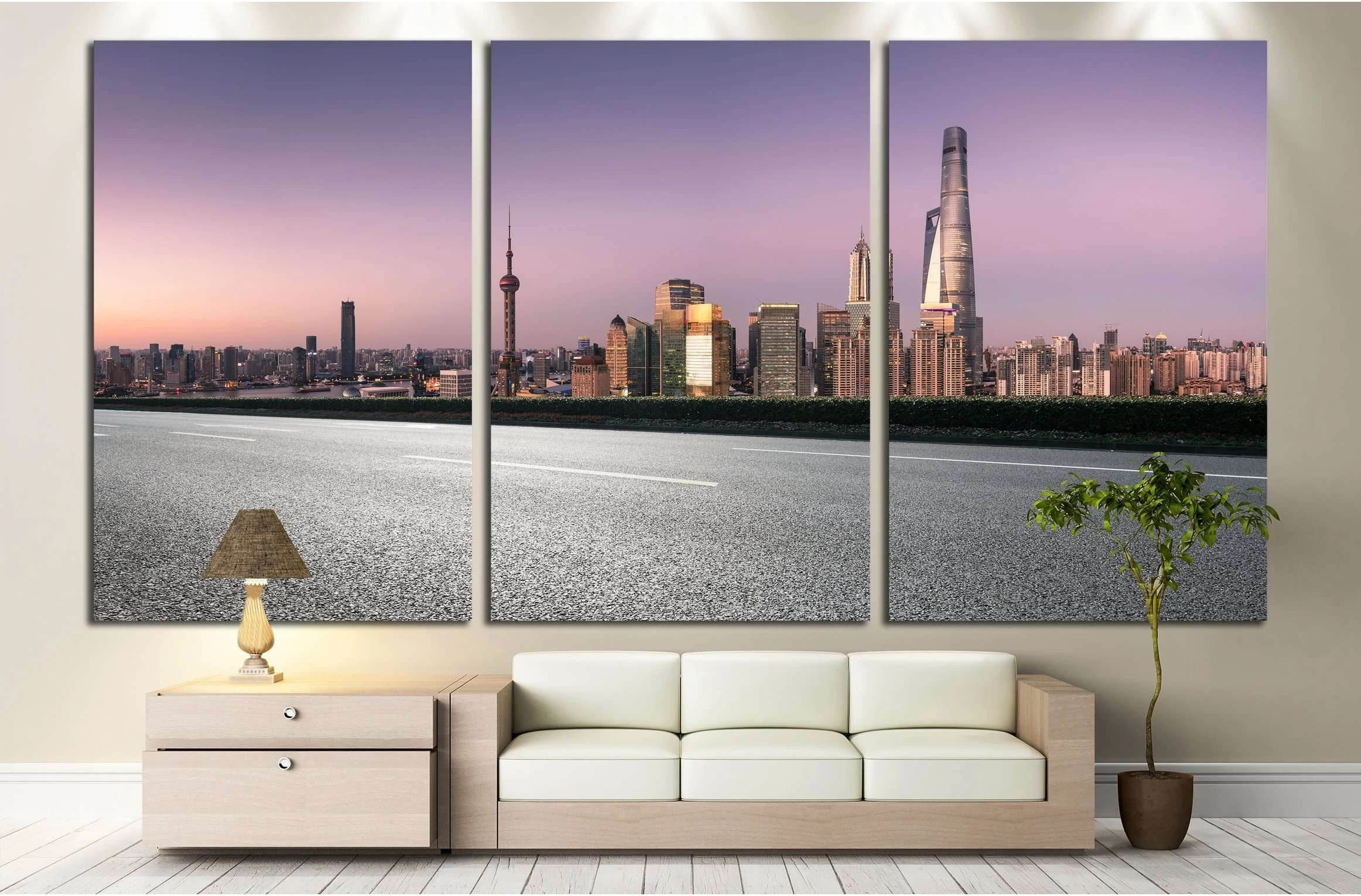 city road with cityscape and skyline of shanghai at night №2976 Ready to Hang Canvas Print - Zellart Canvas Prints ALL_Products, s-2976