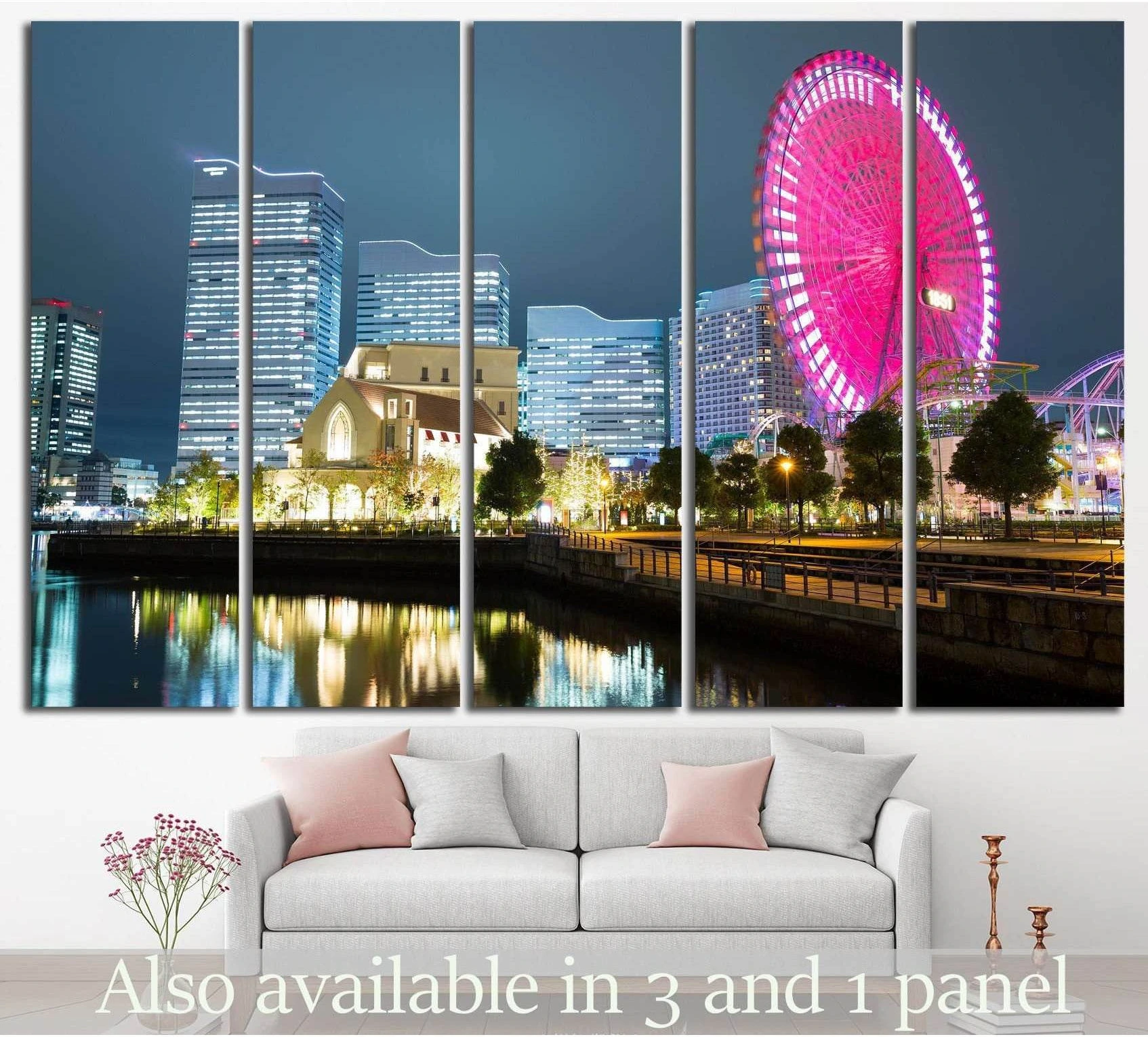 Japanese waterfront skyline canvas print with pink ferris wheel at night above a sofa in a modern living room