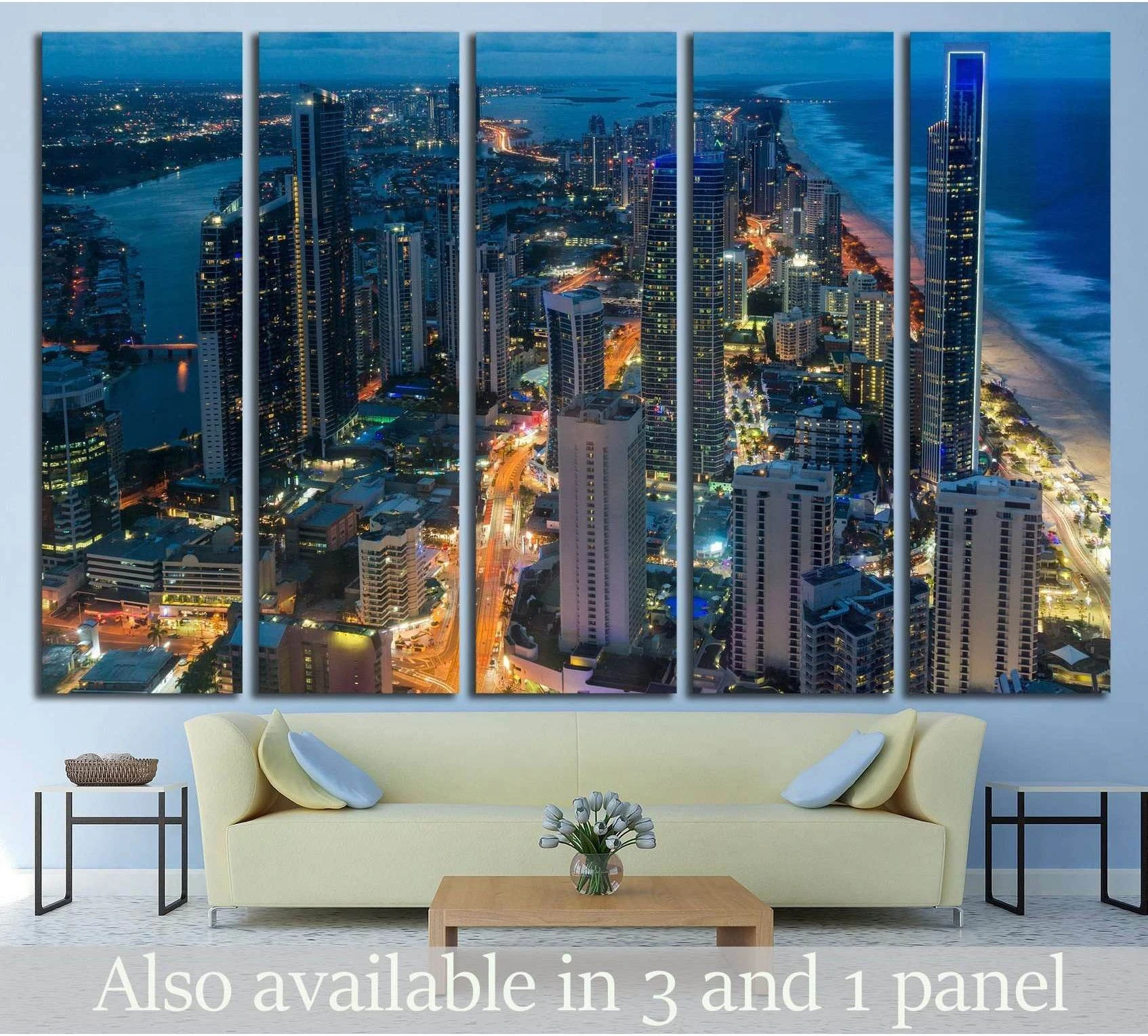 Gold Coast skyline canvas print with beachfront skyscrapers and night city lights above a sofa