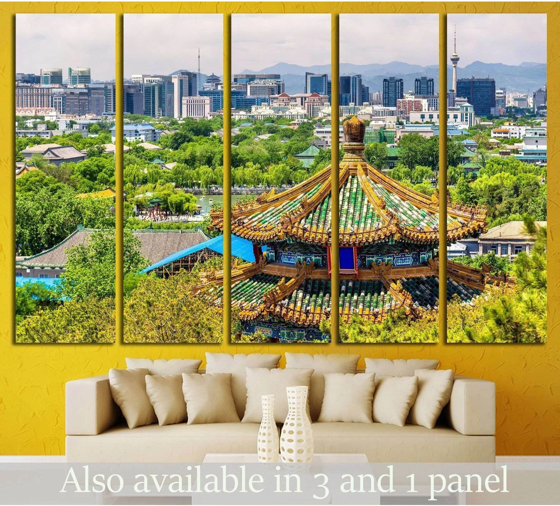 Beijing skyline canvas print with Jingshan Park pagoda and city view above a sofa