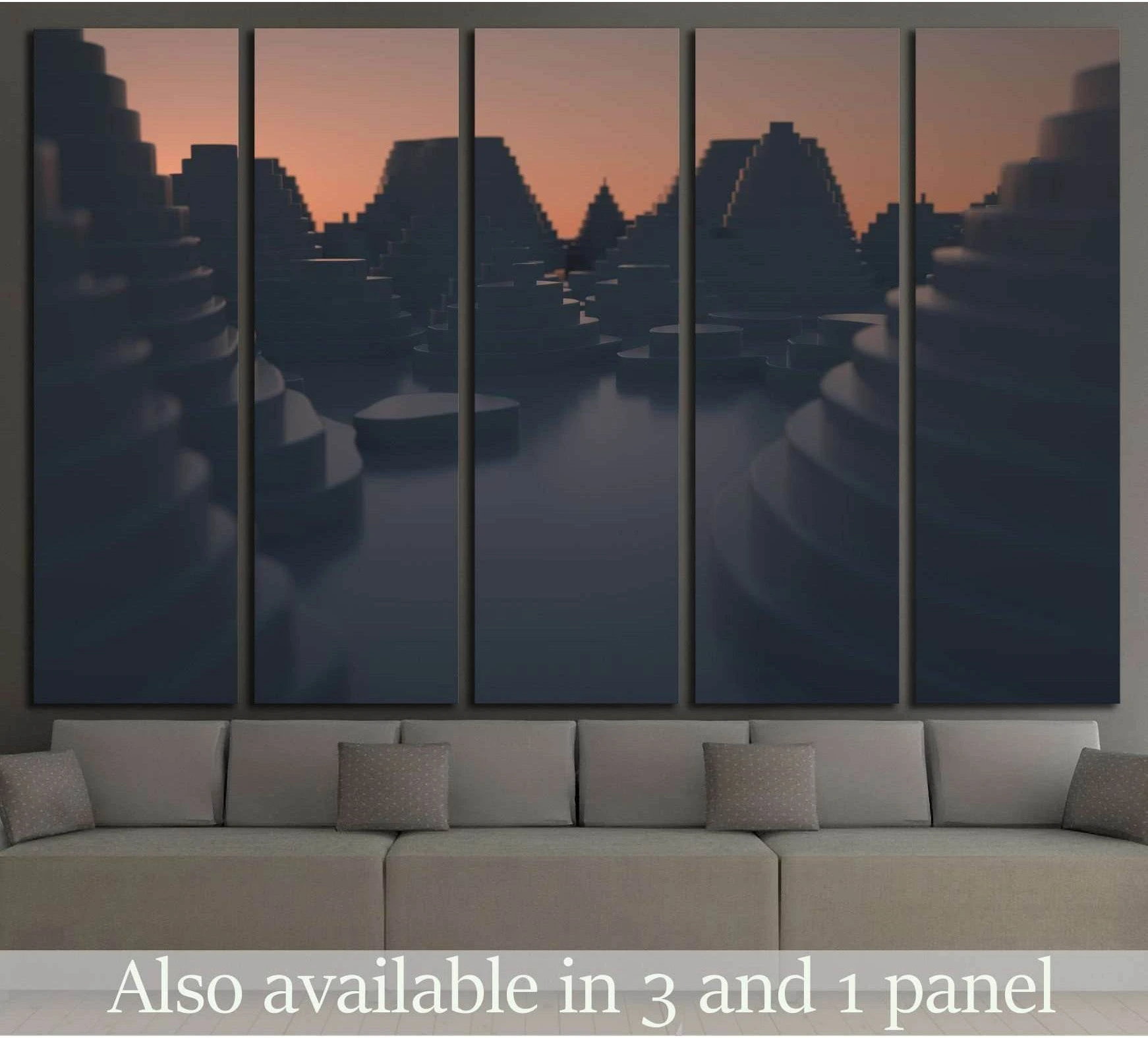 Geometric cityscape canvas print with dark layered skyline at sunset above a modern sofa