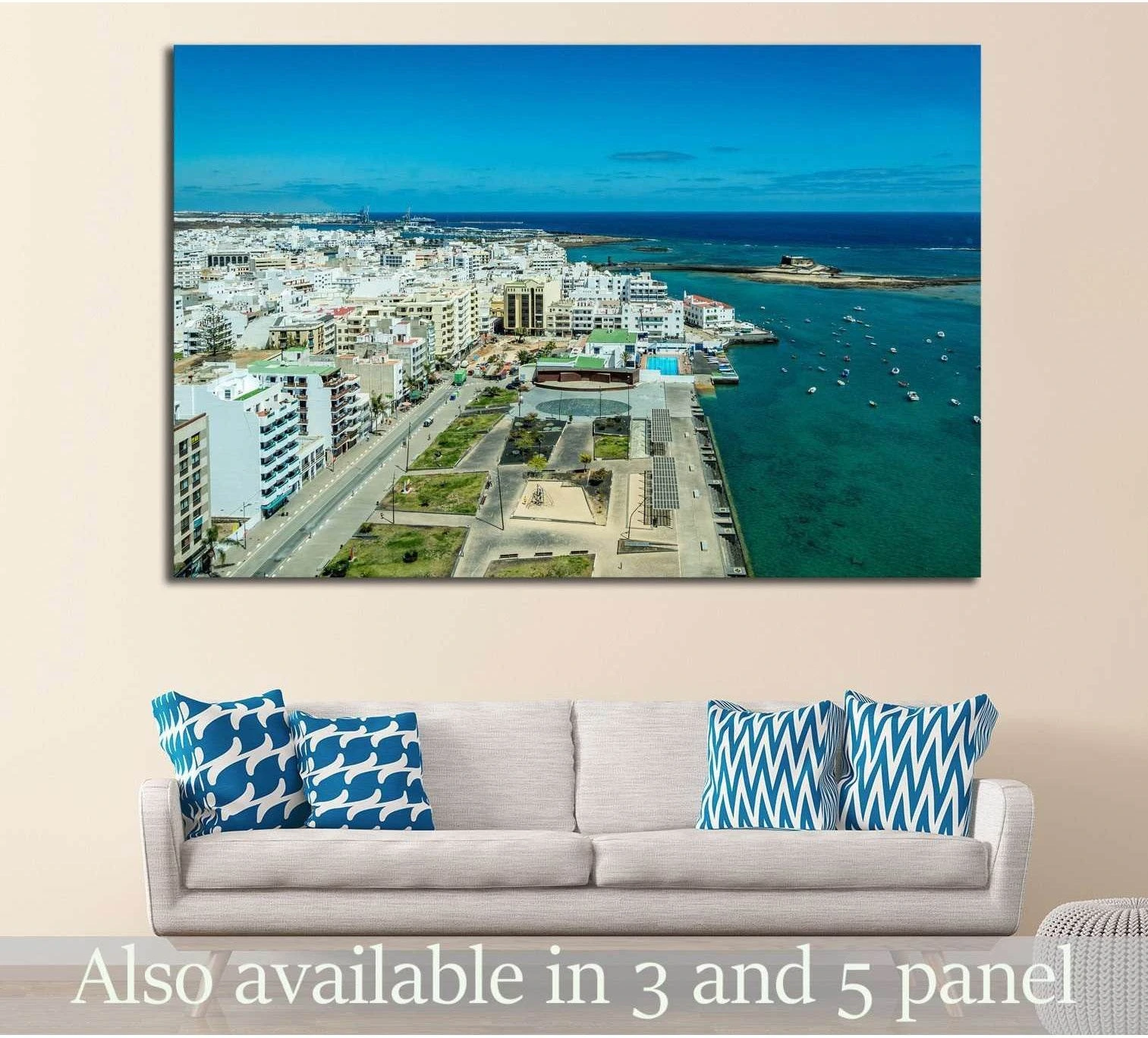 Arrecife Lanzarote coastal cityscape canvas print hung above a sofa in a modern living room