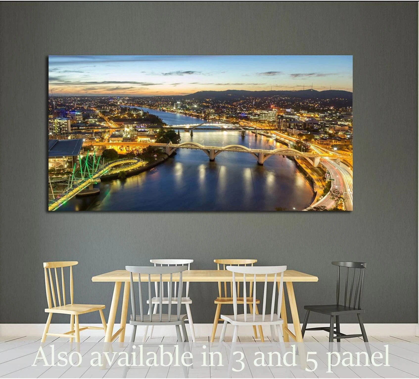 Queensland skyline canvas print with river bridges at dusk displayed above a dining table