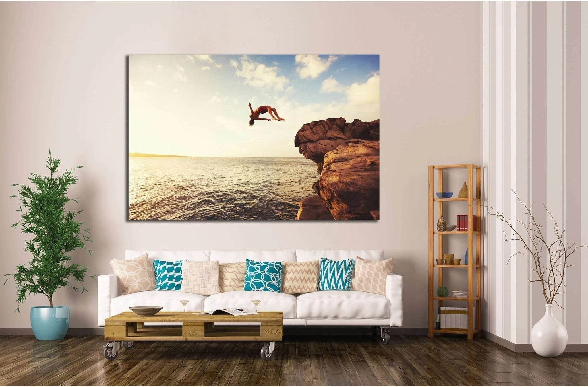 Cliff Jumping into the Ocean at Sunset, Summer Fun Lifestyle №1380 Ready to Hang Canvas Print - Zellart Canvas Prints ALL_Products, s-1380
