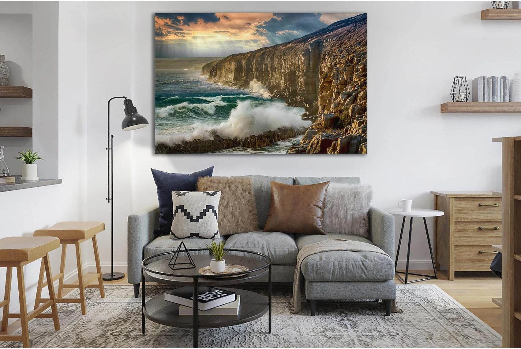 Dramatic Coastal Cliff Sunset Canvas Print Wall Art showing blue ocean wall art with water and coastal depth.