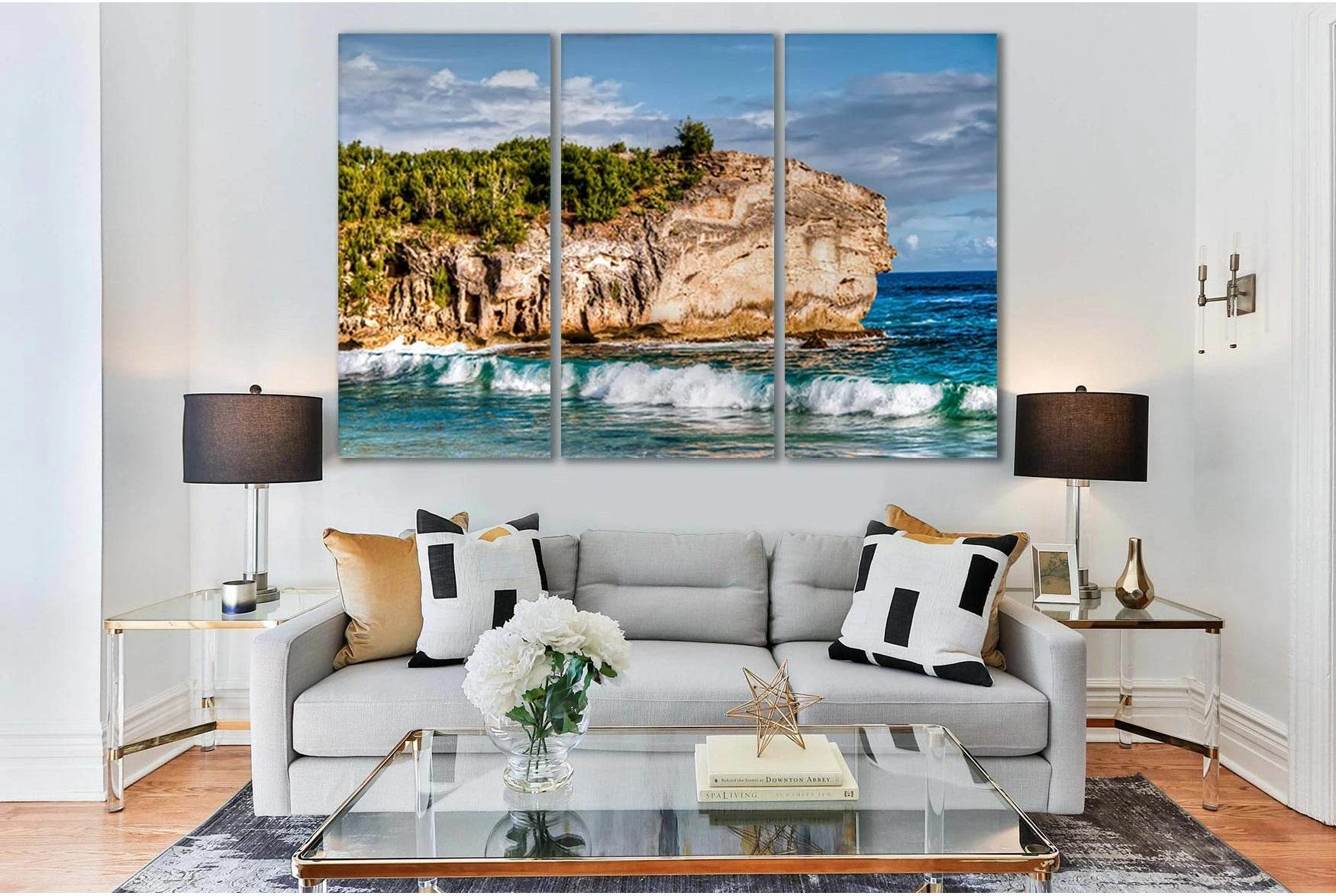 Cliff Sea Waves Canvas Print, Turquoise Ocean & Rugged Cliffs showing ocean water, wave movement and surf.