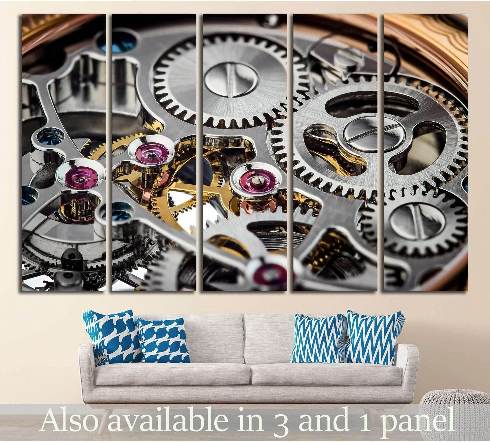 Watch gears canvas print with silver cogs and ruby jewel accents displayed above a sofa