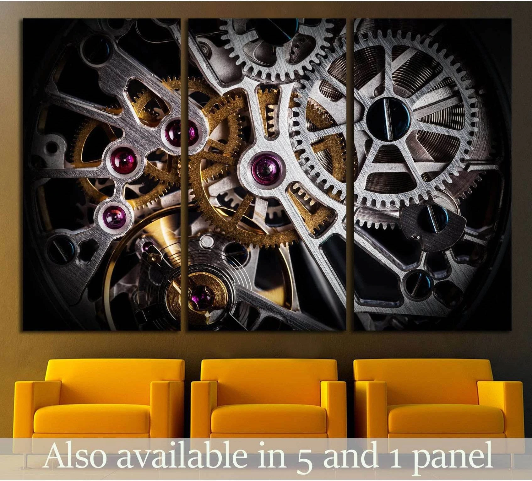 Macro watch mechanism canvas print with silver and gold gears shown as triptych wall art above yellow chairs