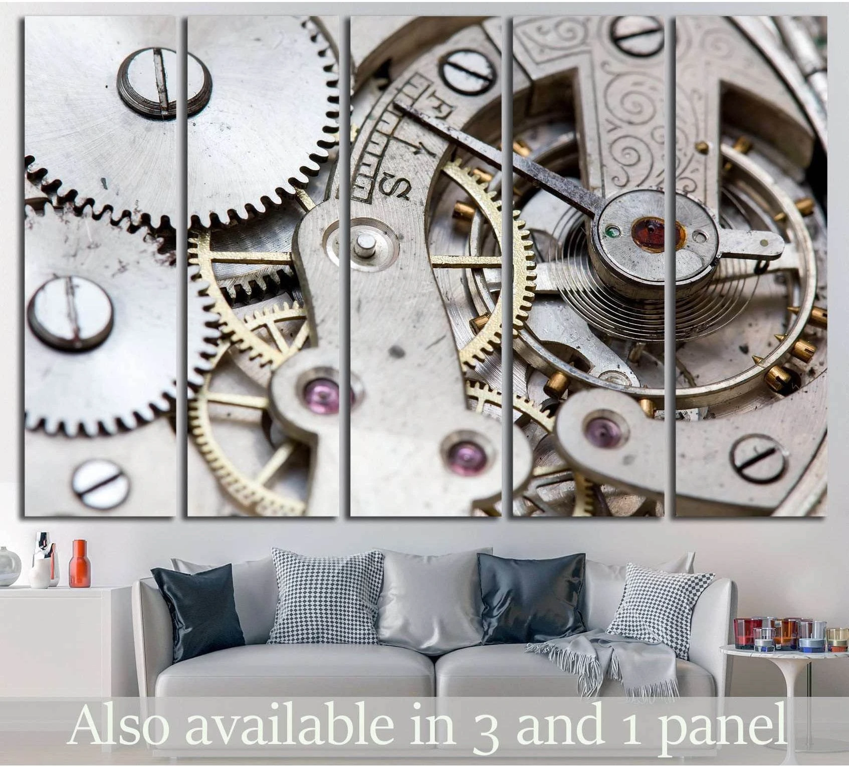 Macro watch movement canvas print with silver gears and brass details above a sofa in a modern office