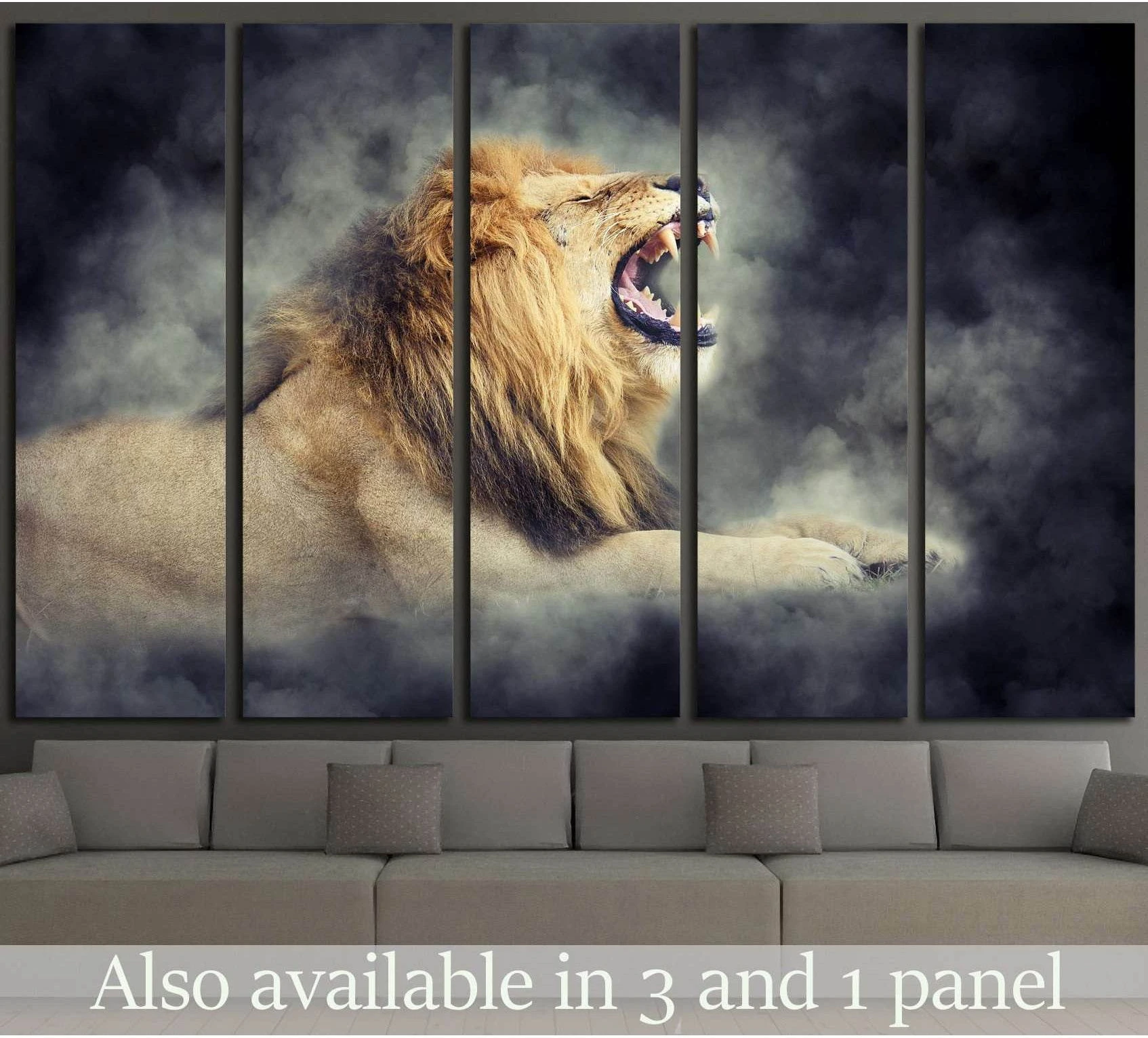 Roaring male lion canvas print in smoky dark tones displayed above a sofa in a modern living room