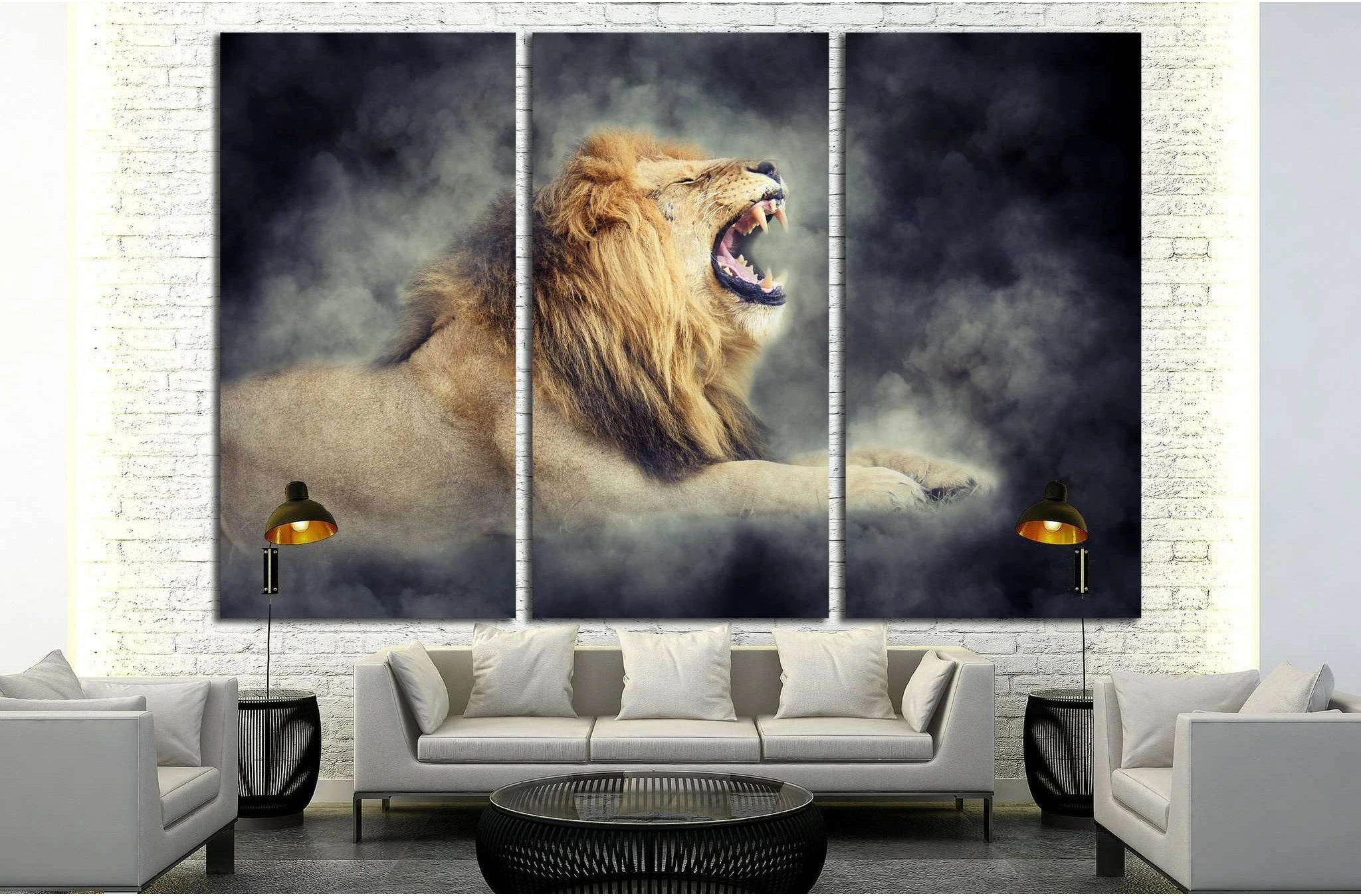 Close male lion in smoke on dark background №1833 Ready to Hang Canvas Print - Zellart Canvas Prints ALL_Products, Lion, s-1833