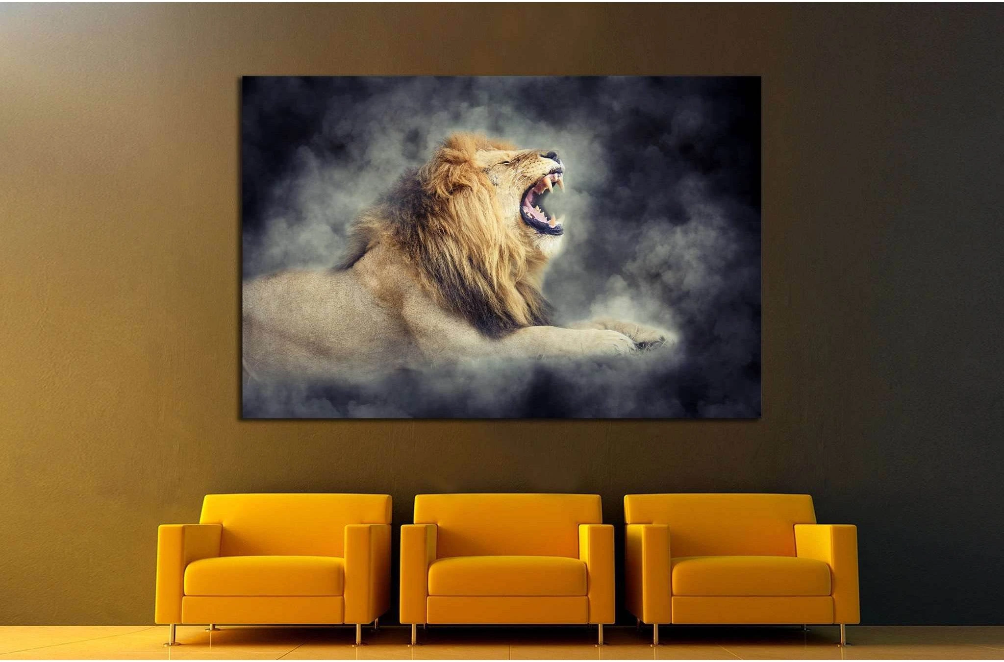 Close male lion in smoke on dark background №1833 Ready to Hang Canvas Print - Zellart Canvas Prints ALL_Products, Lion, s-1833