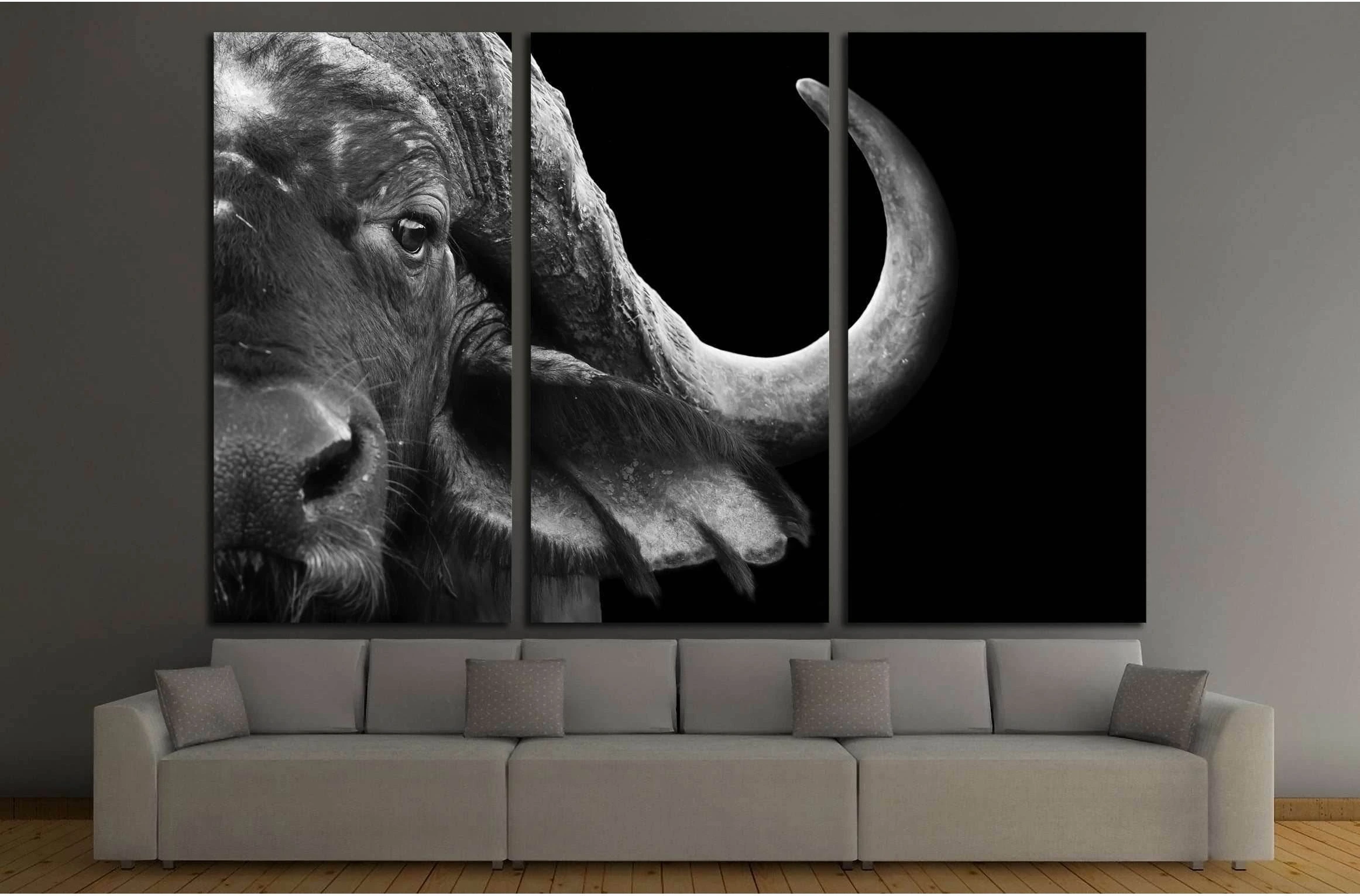 Close up black and white image of an African cape buffalo №2791 Ready to Hang Canvas Print - Zellart Canvas Prints ALL_Products, s-2791