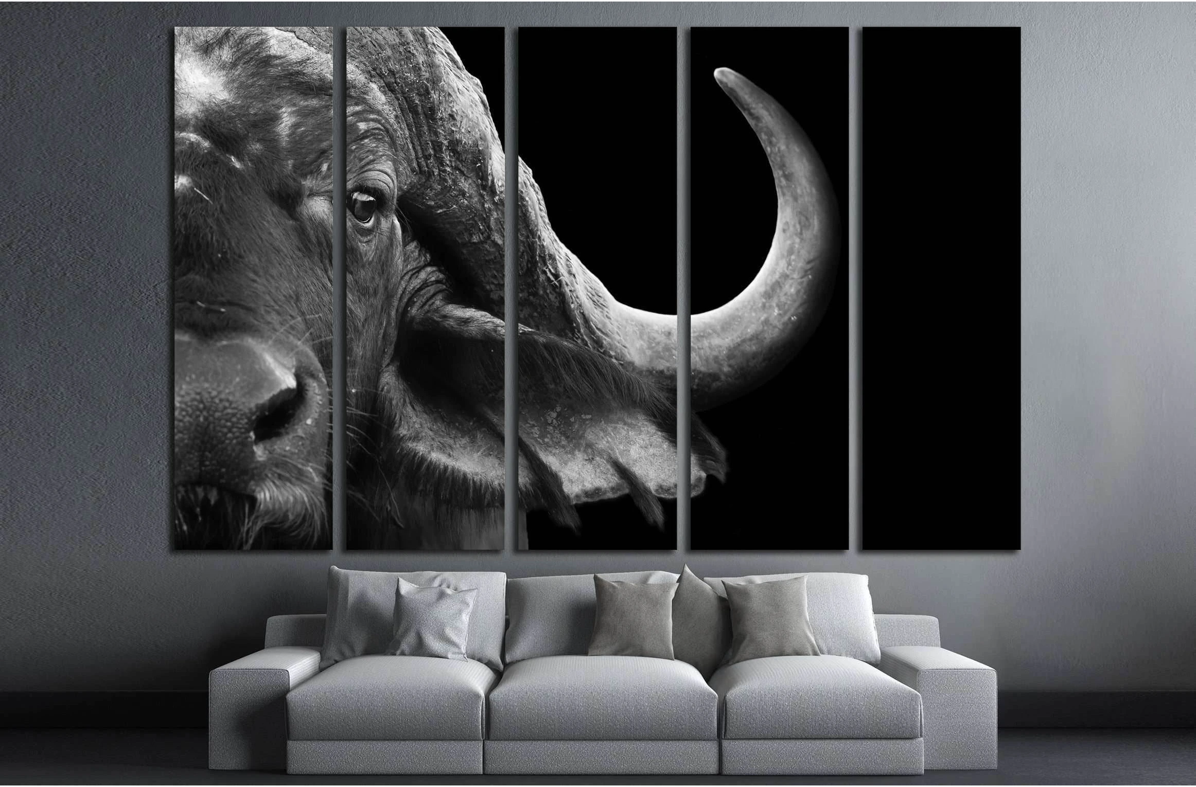 Close up black and white image of an African cape buffalo №2791 Ready to Hang Canvas Print - Zellart Canvas Prints ALL_Products, s-2791