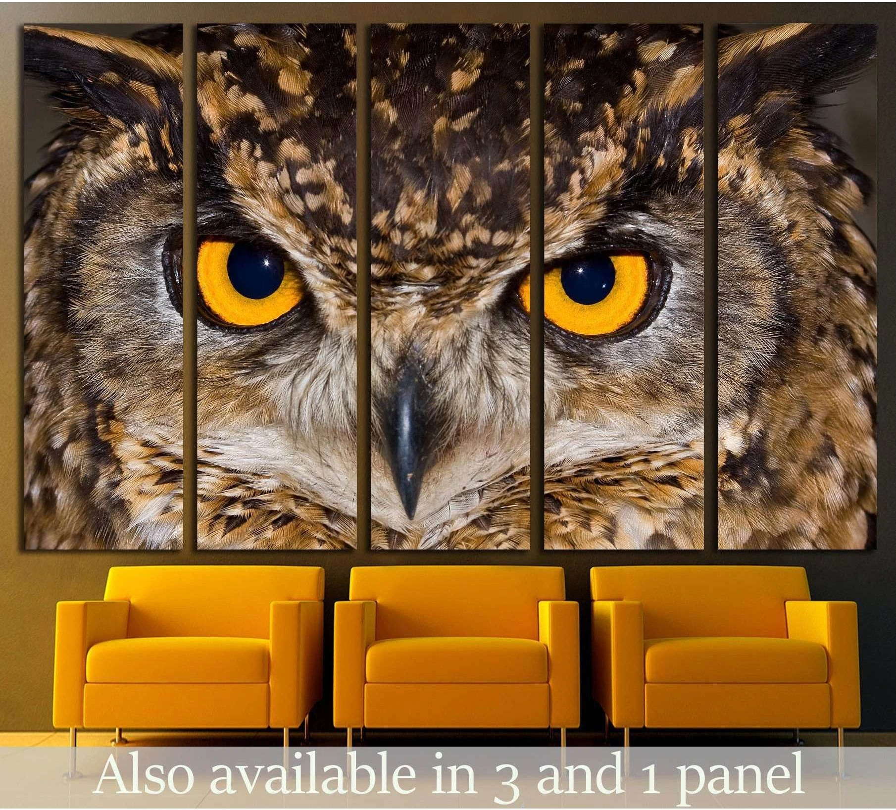 Cape Eagle Owl canvas print with piercing yellow eyes displayed as five-panel wall art above mustard chairs