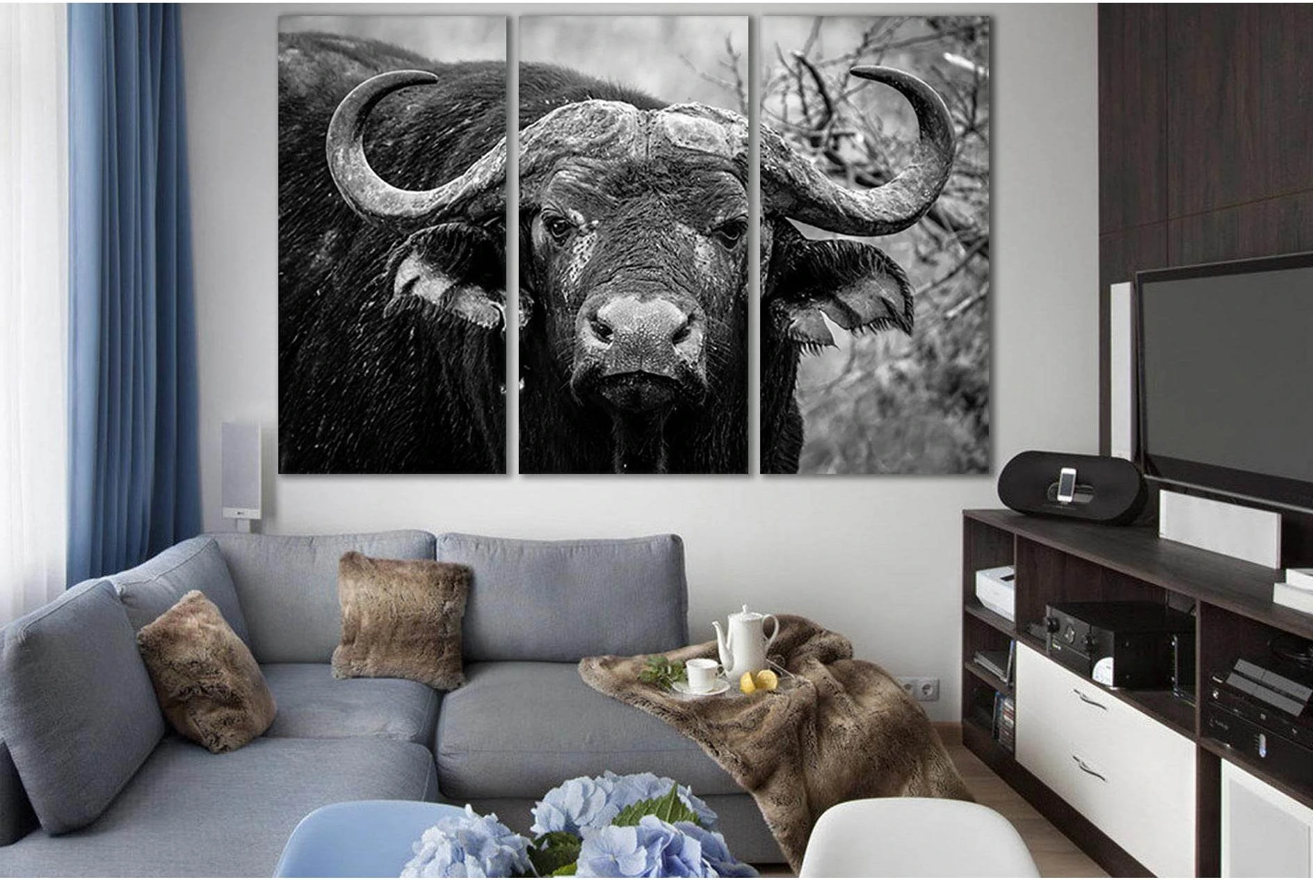 Close Up Of Buffalo №SL890 Ready to Hang Canvas Print - Zellart Canvas Prints 0new, ALL_Products, Black & White Wall Art