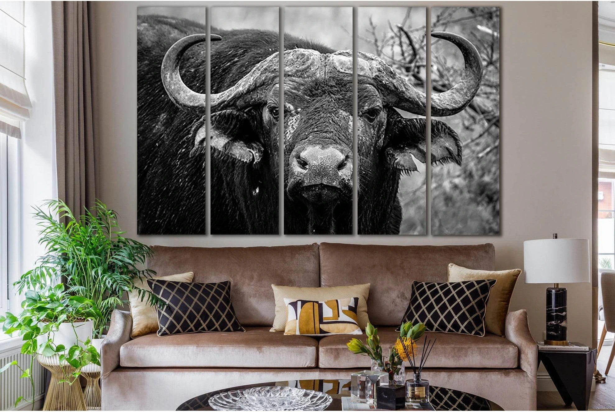 Close Up Of Buffalo №SL890 Ready to Hang Canvas Print - Zellart Canvas Prints 0new, ALL_Products, Black & White Wall Art