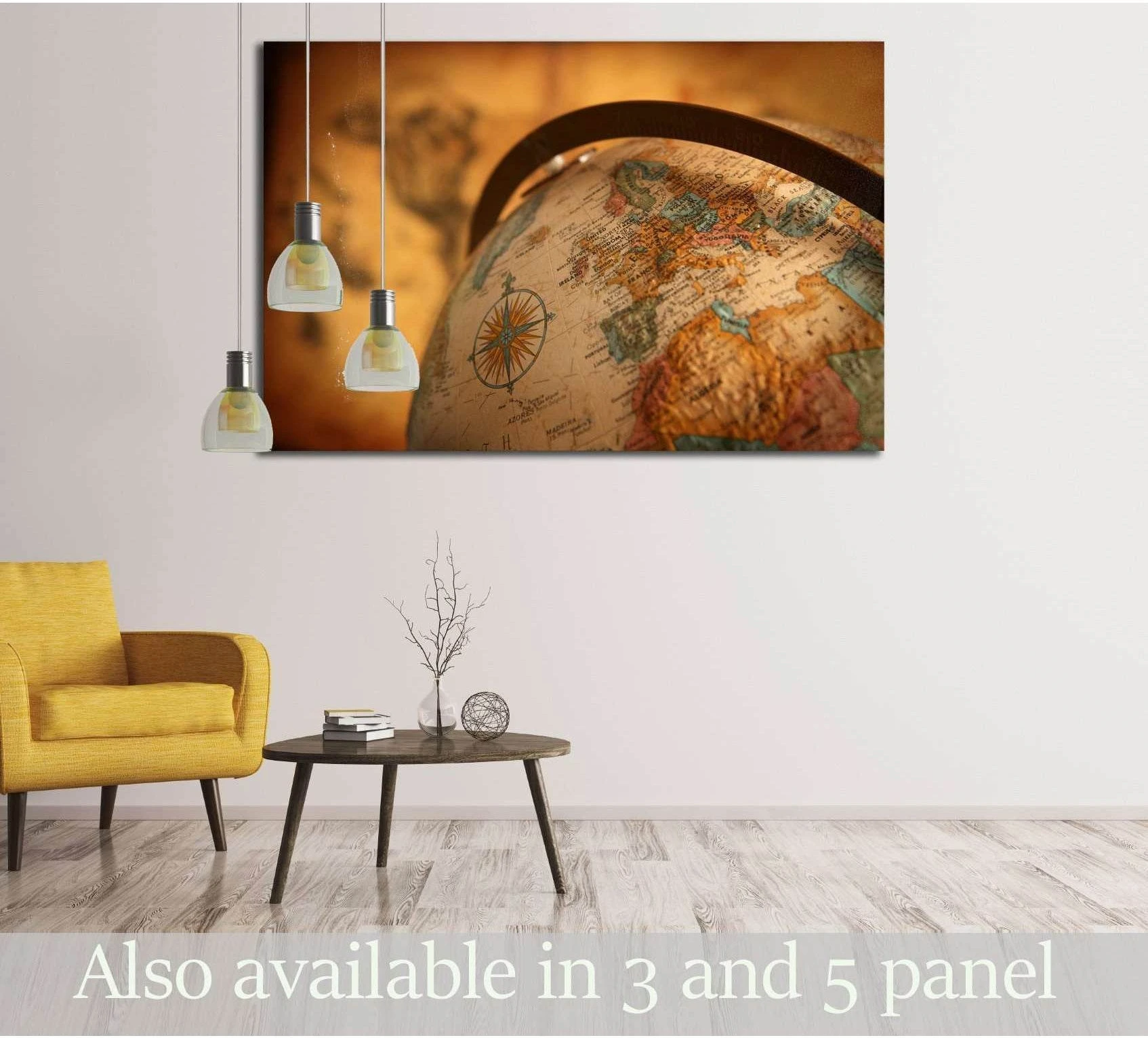 Vintage globe canvas print showing a close-up of Europe, hung in a modern living room mockup
