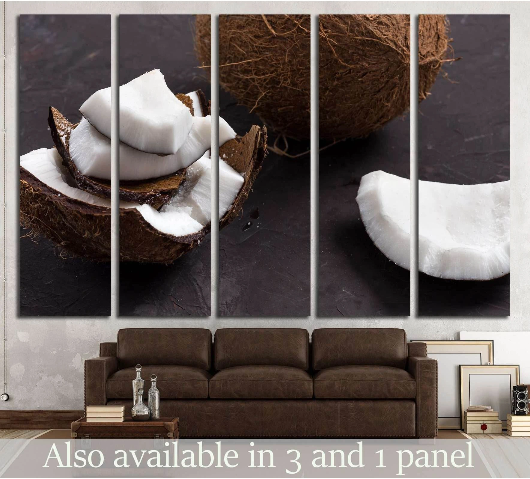 Multi-panel coconut canvas print with ripe coconut pieces on dark background above a brown sofa