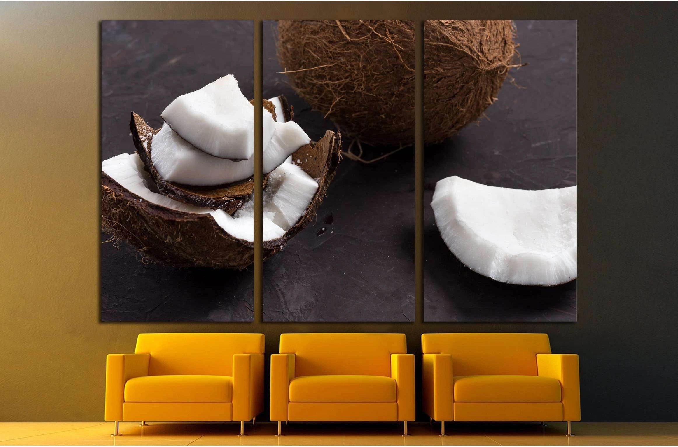 close up of pieces of ripe tropical coconut on dark background №2841 Ready to Hang Canvas Print - Zellart Canvas Prints ALL_Products, s-2841