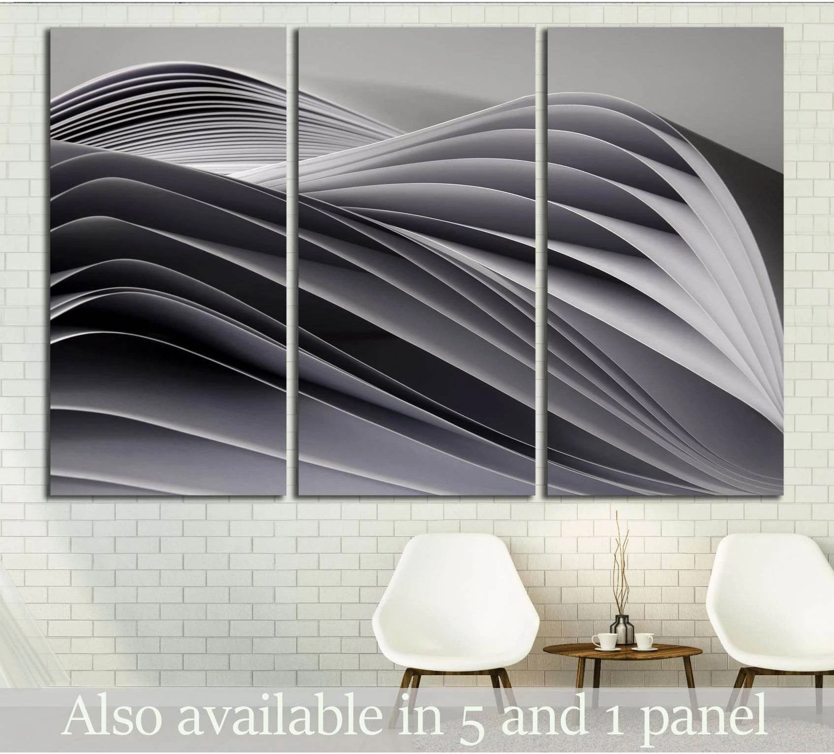 Triptych monochrome abstract canvas print with layered grey wave forms above chairs