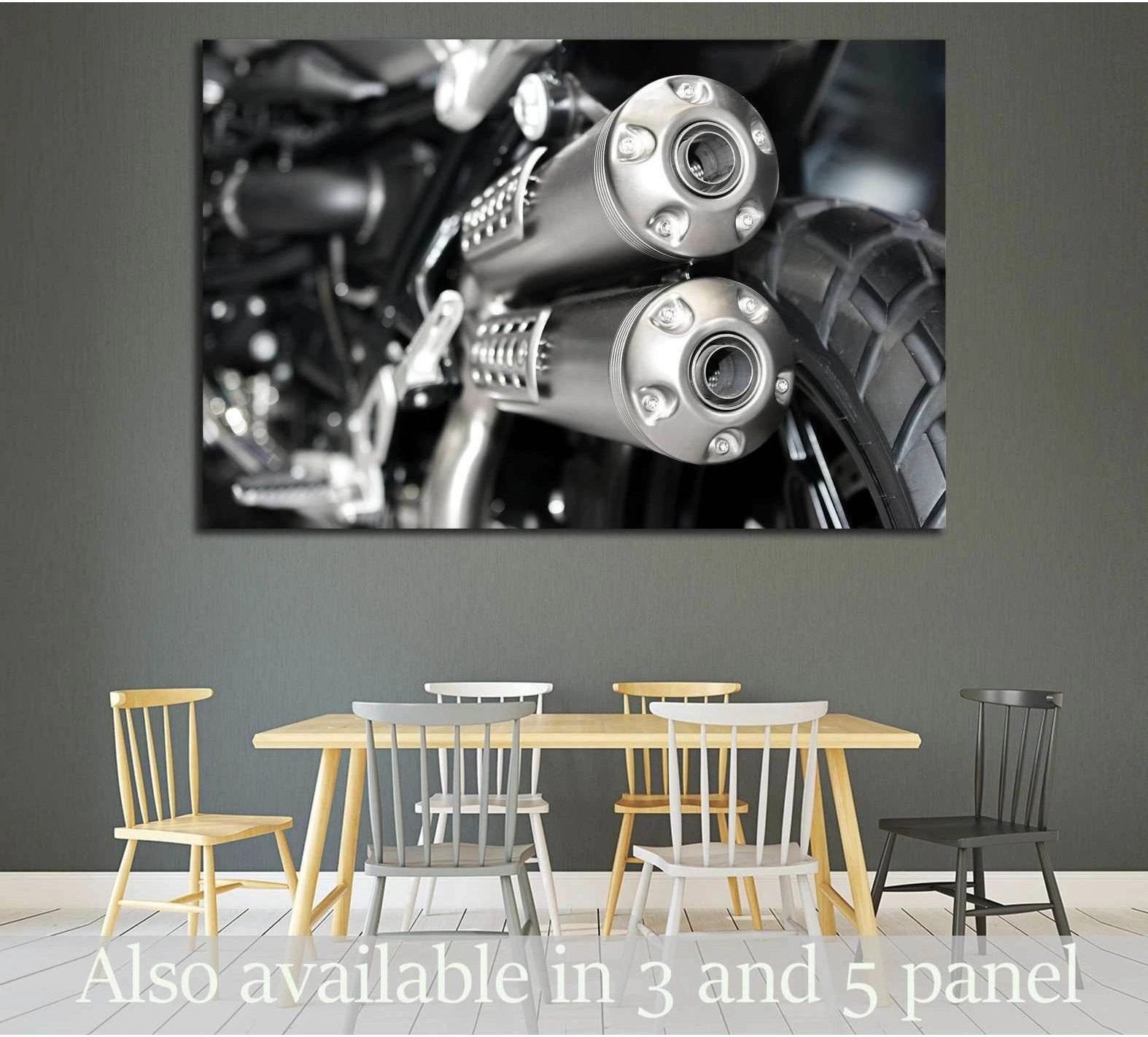 Close-up motorcycle exhaust canvas print hung above dining table in a modern industrial room