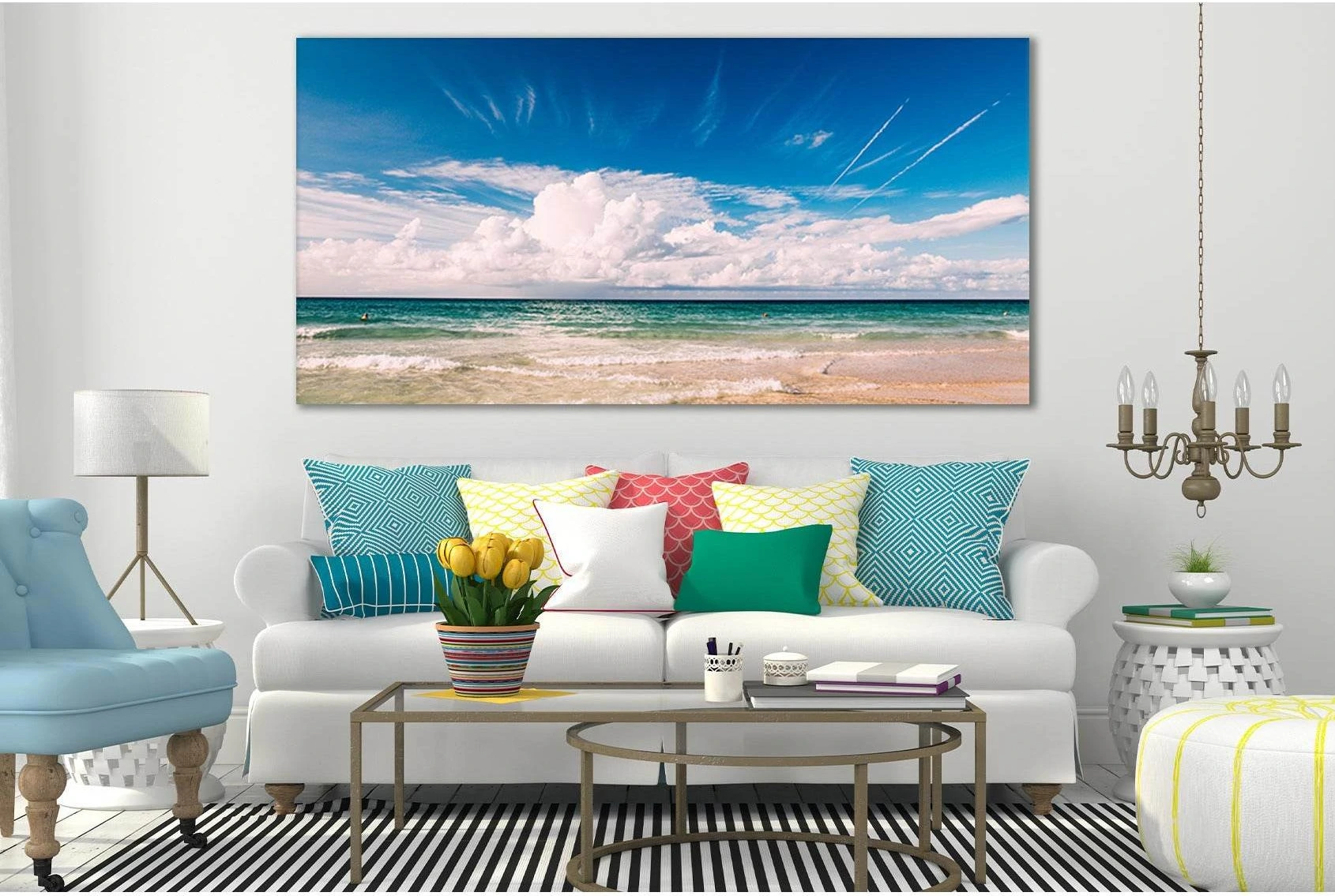 Clouds Over Ocean Beach Canvas Print Wall Art showing sea water, shoreline and horizon depth.