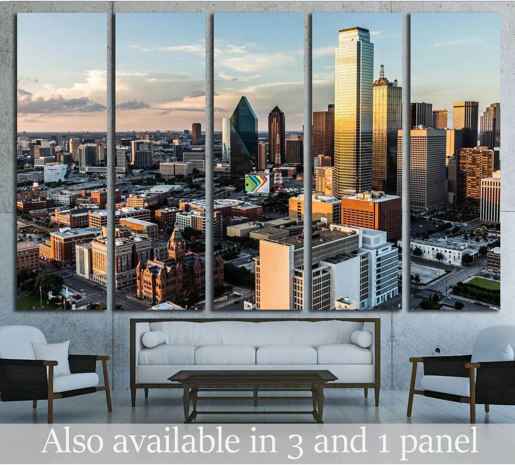 Dallas skyline canvas print in warm sunset light above a sofa in a modern living room