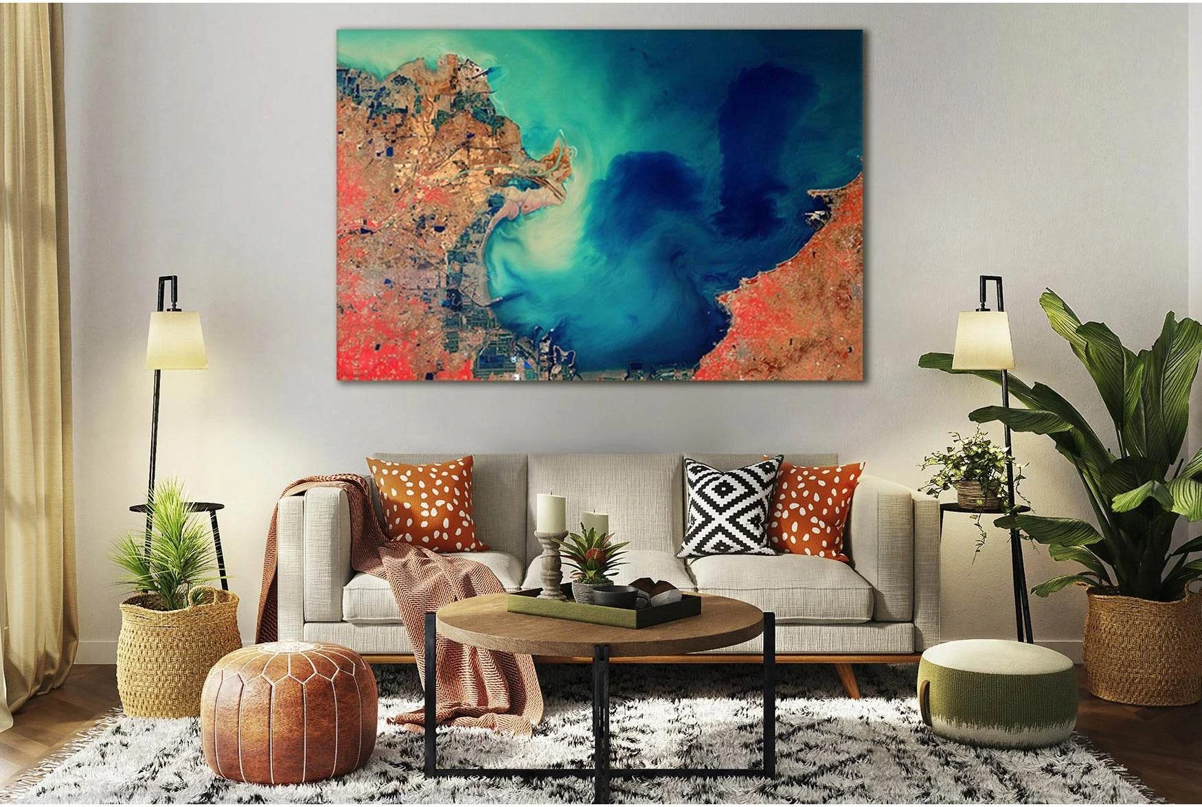 Coastal City Aerial Wall Art, Blue Ocean & Terracotta showing blue ocean wall art with water and coastal depth.