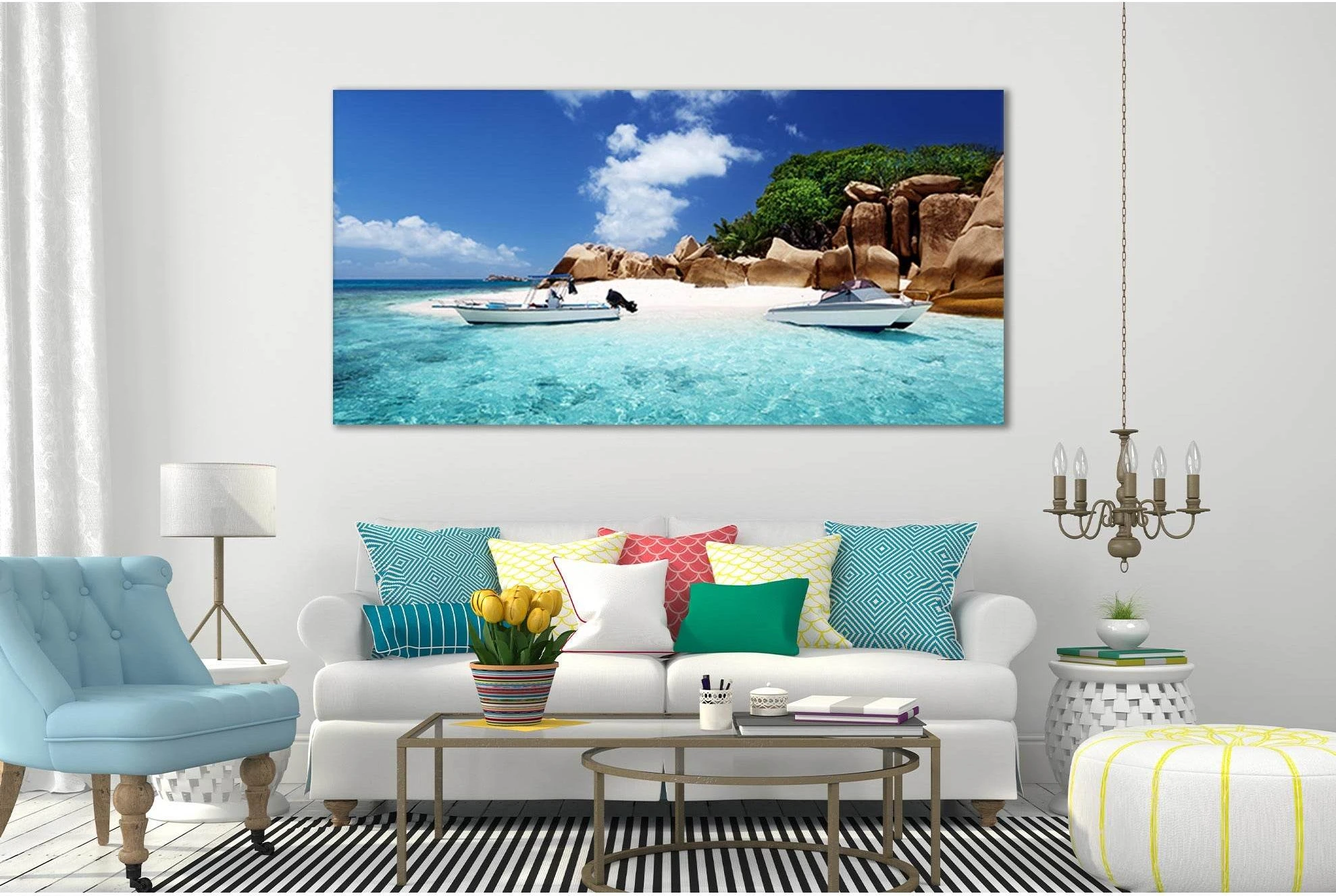 Turquoise Ocean Beach Scene With Yachts and Granite Rocks Wall Art showing sea water, shoreline and horizon depth.