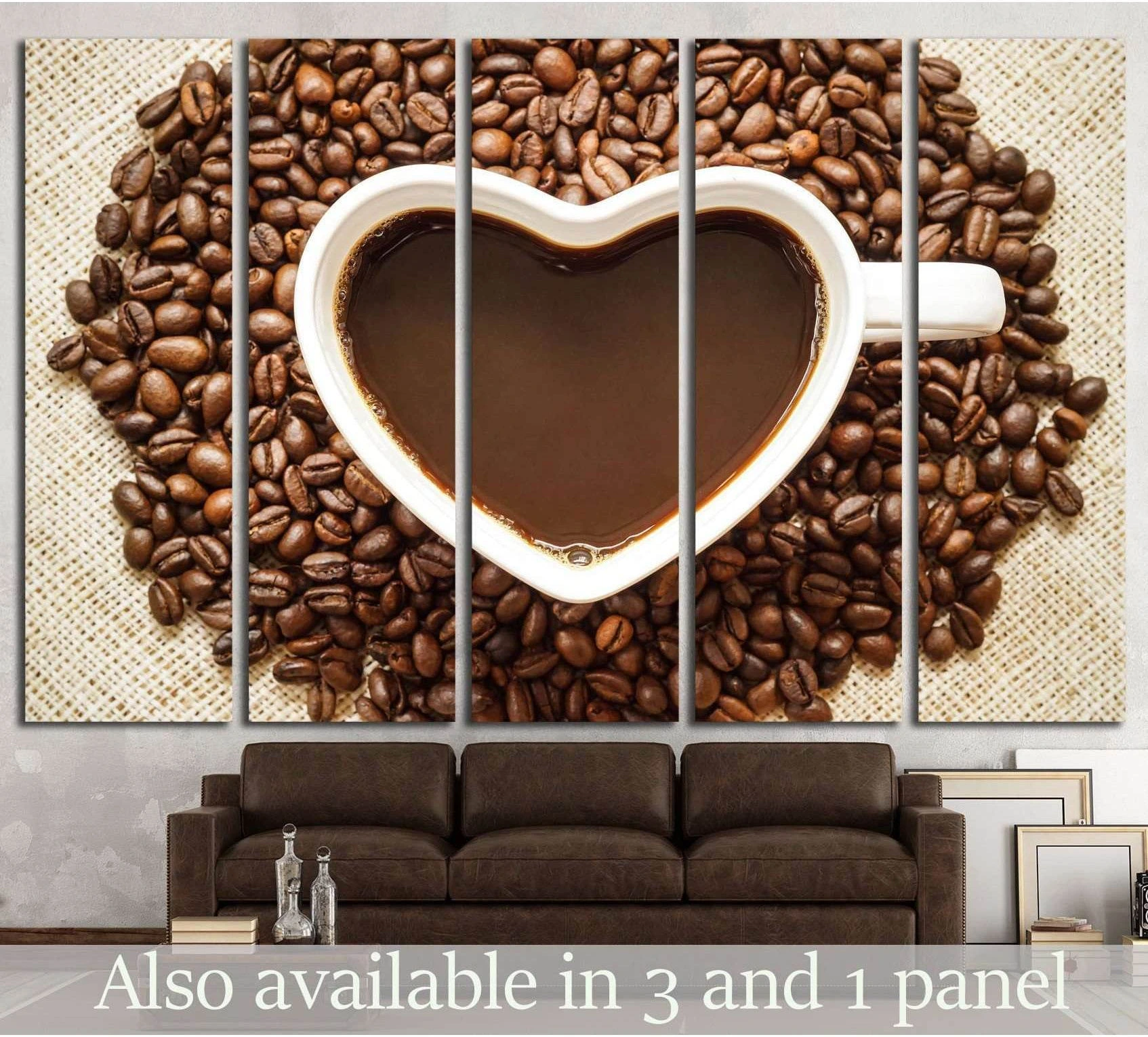 Heart-shaped coffee cup canvas print surrounded by coffee beans above a brown sofa