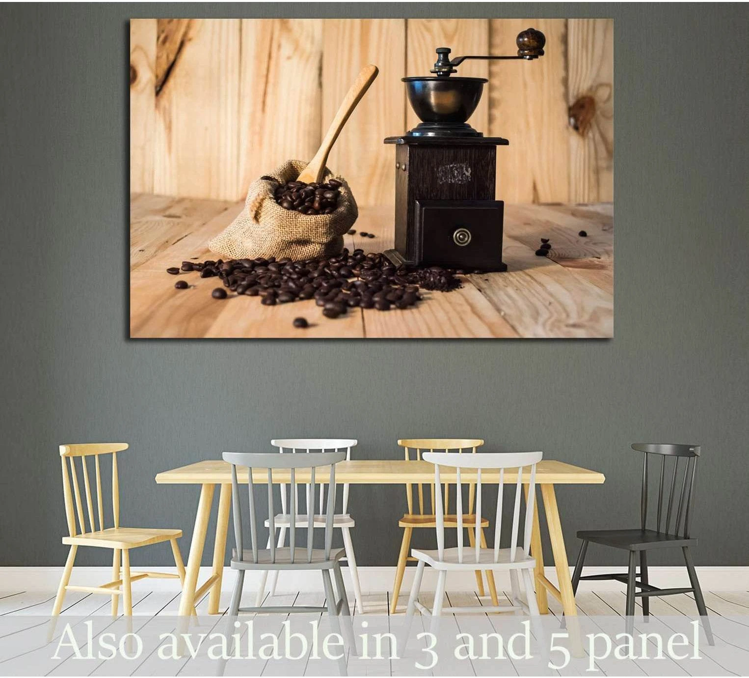 Vintage coffee grinder canvas print with burlap coffee beans on wood, hung above dining table