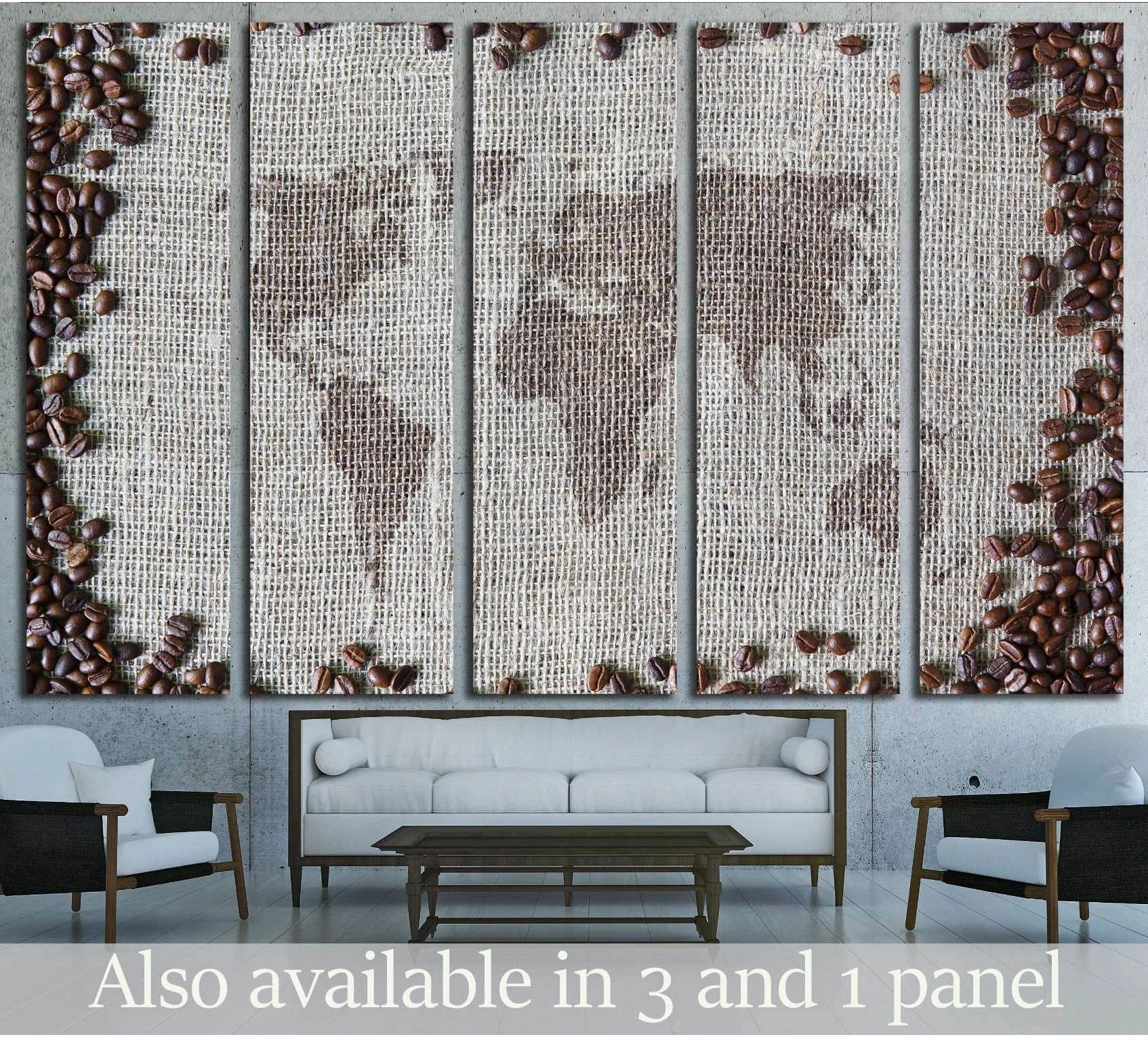 Coffee bean world map canvas print on burlap texture above sofa in cafe-style living room