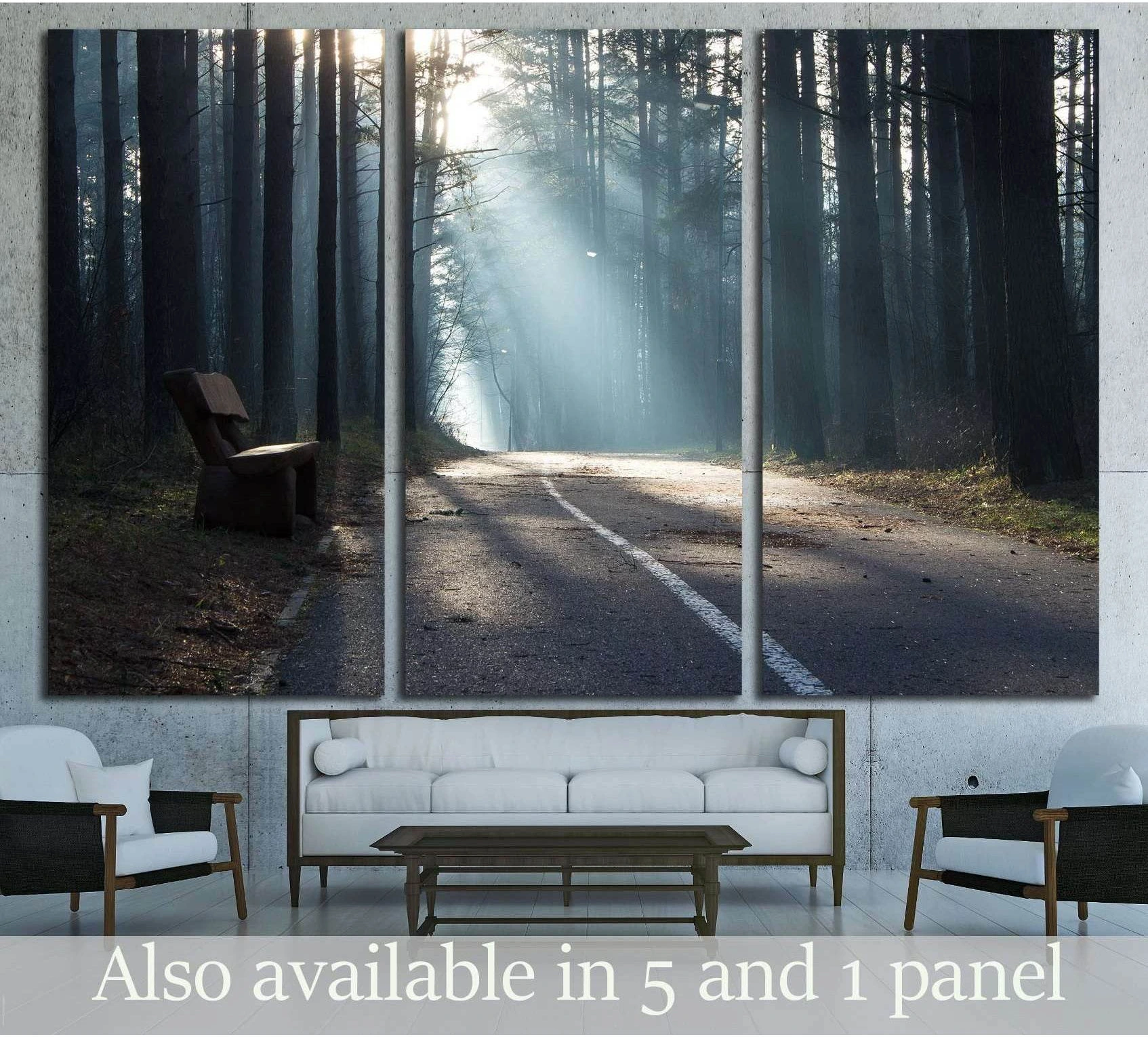 Misty forest road canvas print with morning sunbeams and bench in tall pine woods