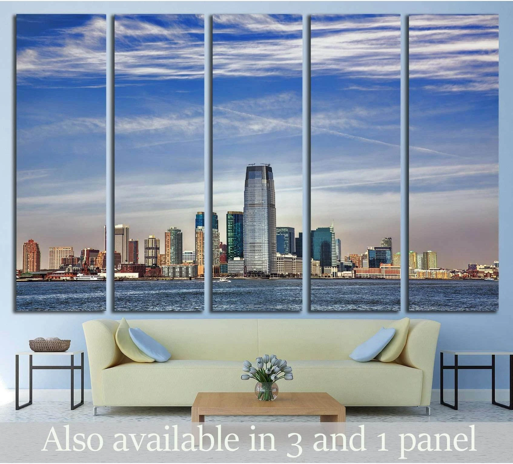 Jersey City skyline canvas print above sofa with Hudson River waterfront in a modern living room