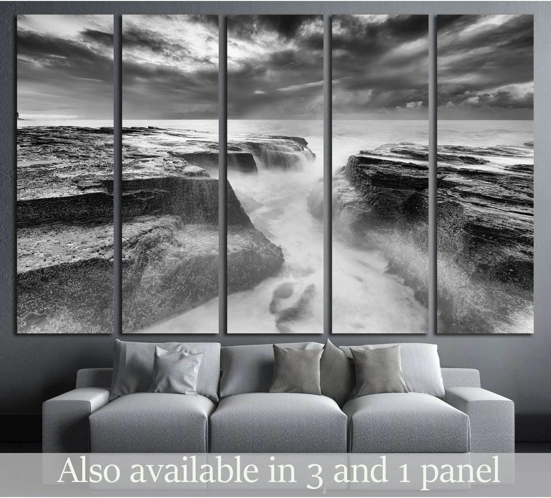 Black and white Collaroy Beach canvas print with rocky shoreline and surf at Narrabeen Head in Sydney