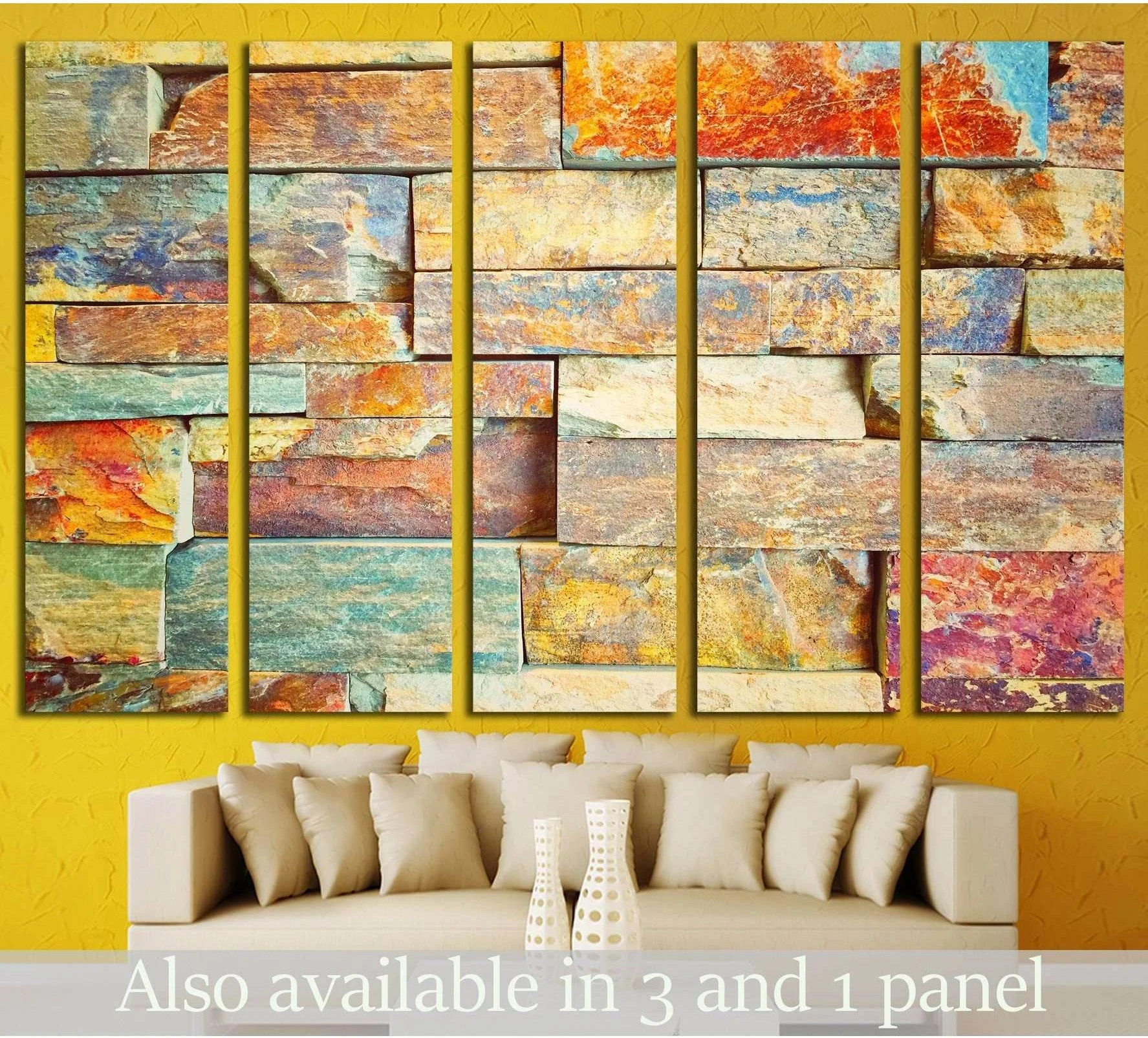 Five-panel color marble abstract canvas print with textured stone blocks above a sofa in a modern living room