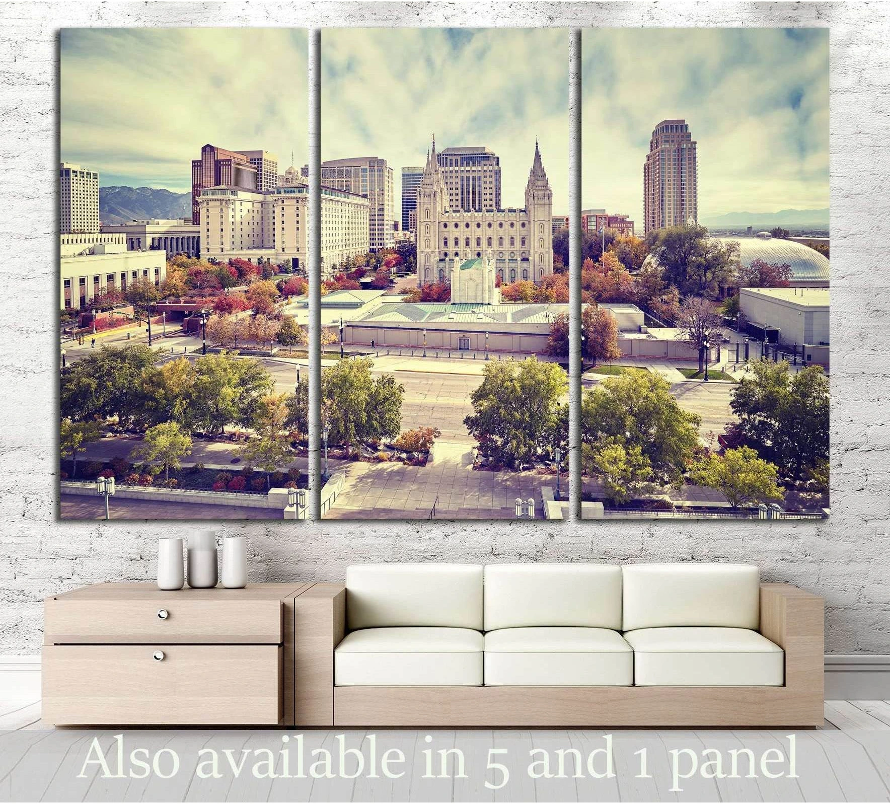 Salt Lake City skyline triptych canvas print above sofa with Temple Square and downtown in pastel tones