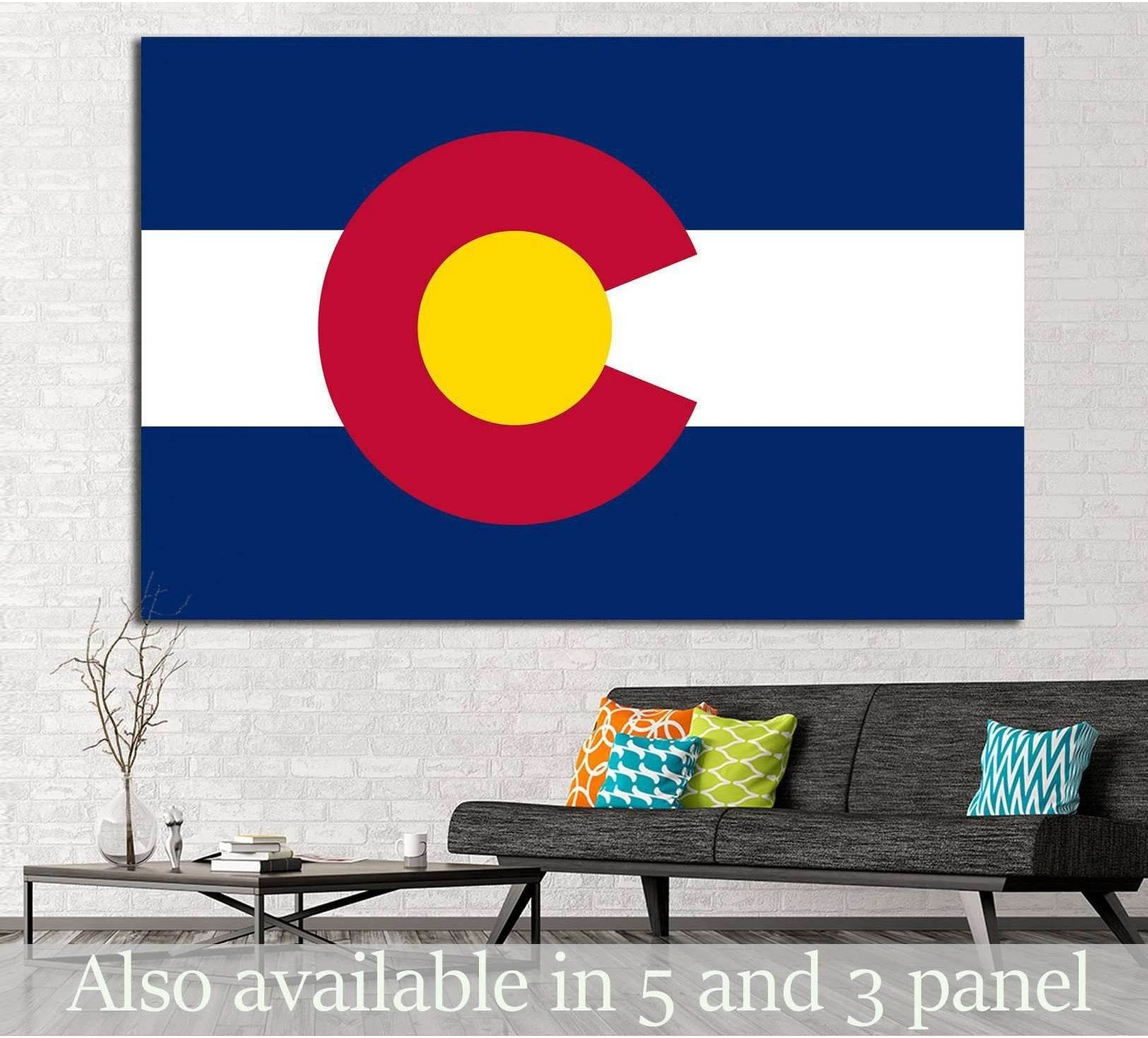 Colorado flag canvas print hung above a sofa in a modern living room