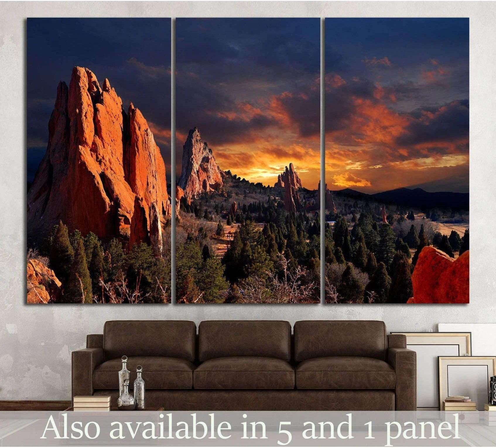 Garden of the Gods Colorado Springs sunset triptych canvas print above a brown sofa