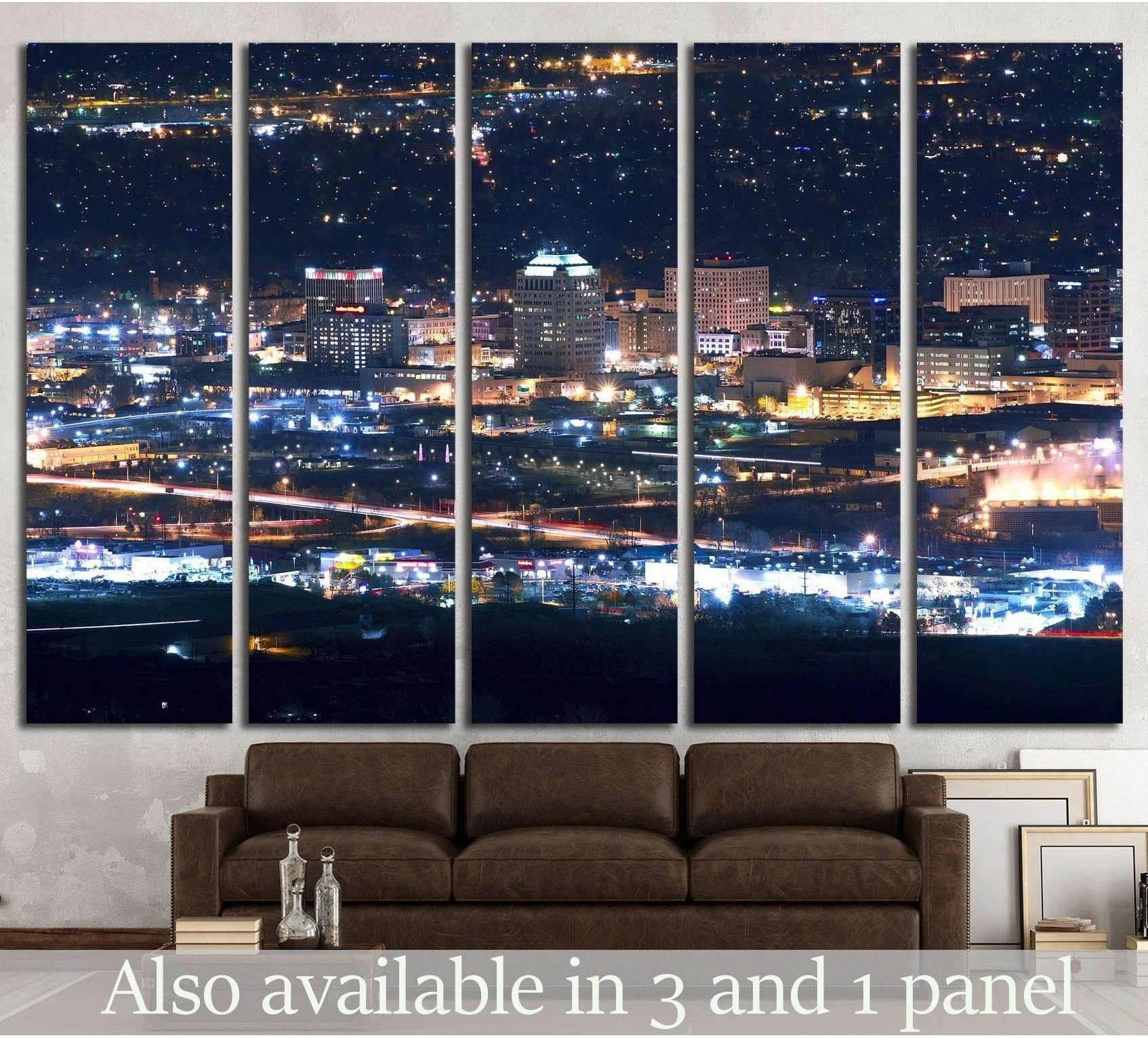 Colorado Springs night skyline canvas print in a five-panel layout above a brown sofa