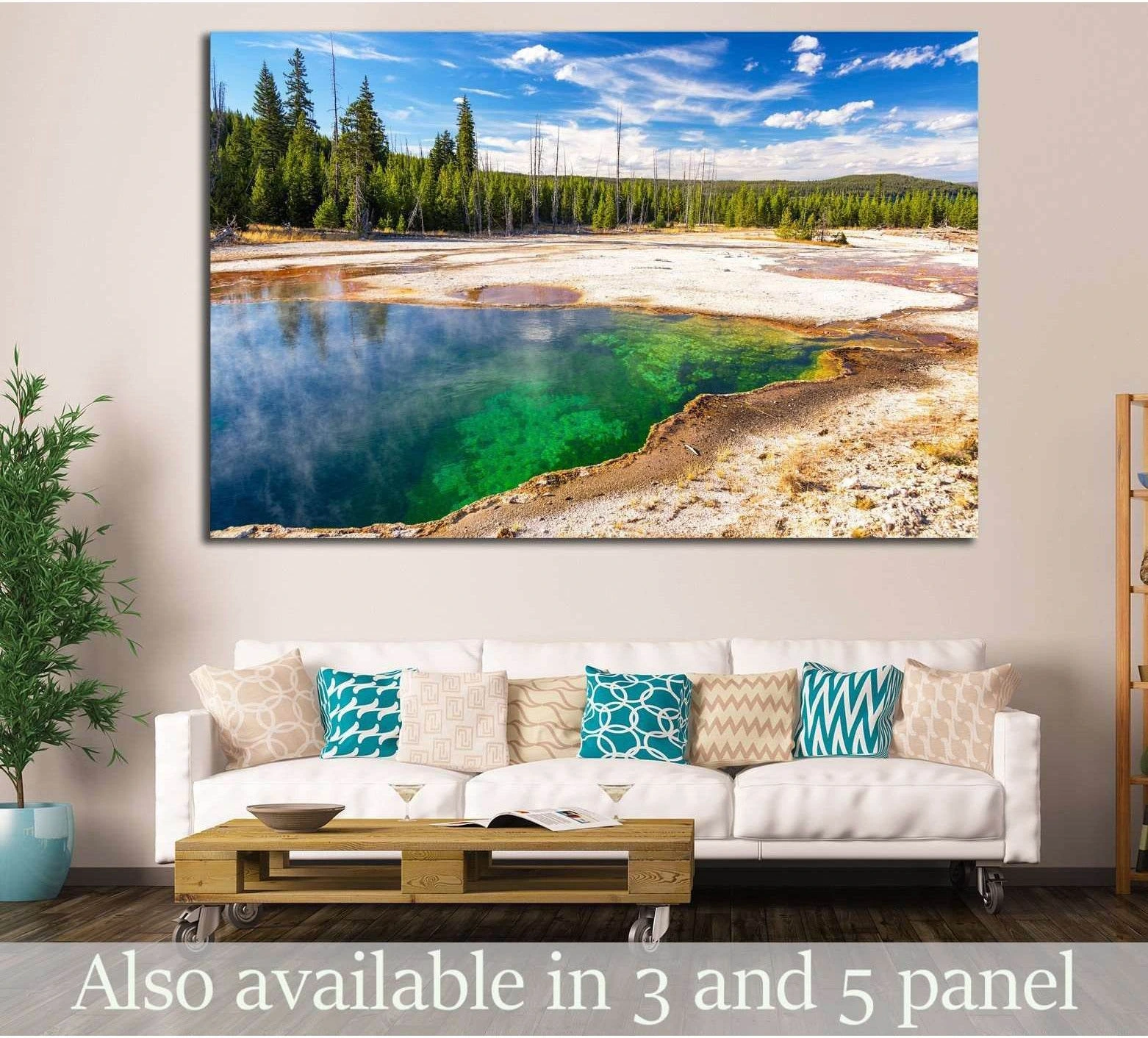 Yellowstone Abyss Pool canvas print hung above a sofa in a neutral living room