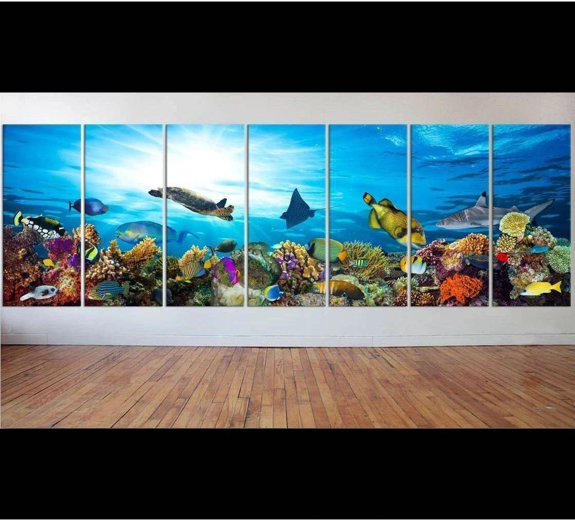 Multi-panel coral reef canvas print with sea turtle, stingray, shark, and tropical fish underwater