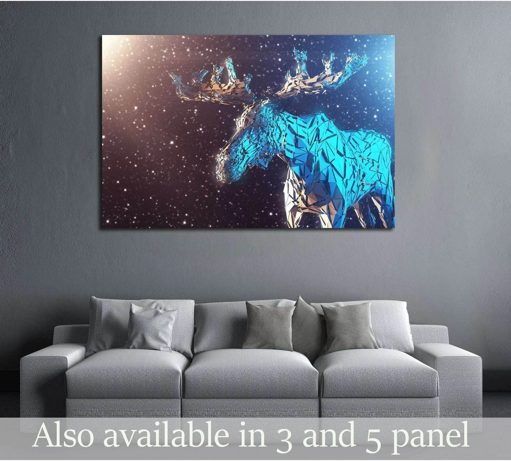 Low poly blue moose canvas print with large antlers on a dark starry background above a gray sofa