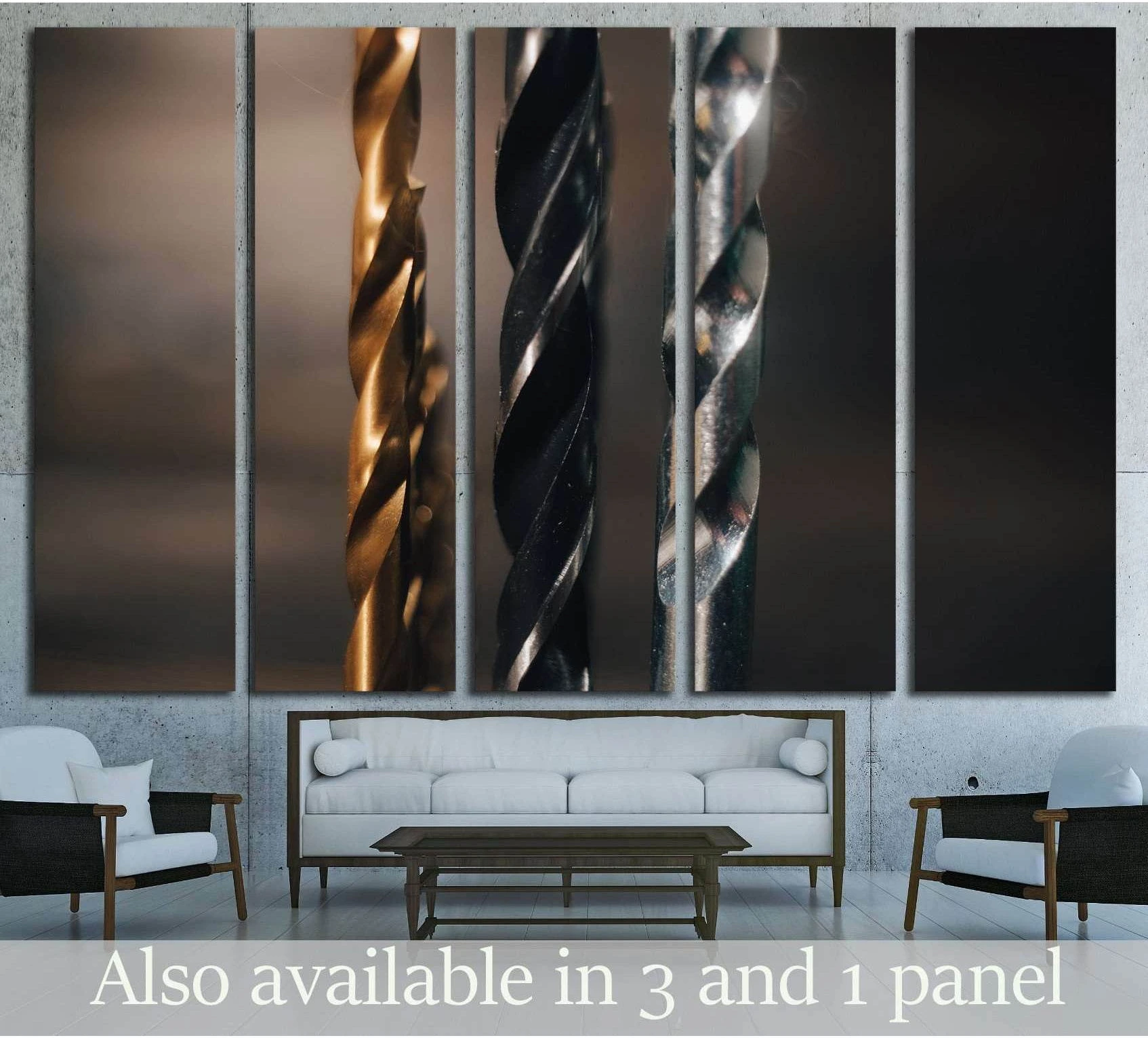 Close-up drill bit canvas print in bronze, black, and steel tones above a sofa in a modern office