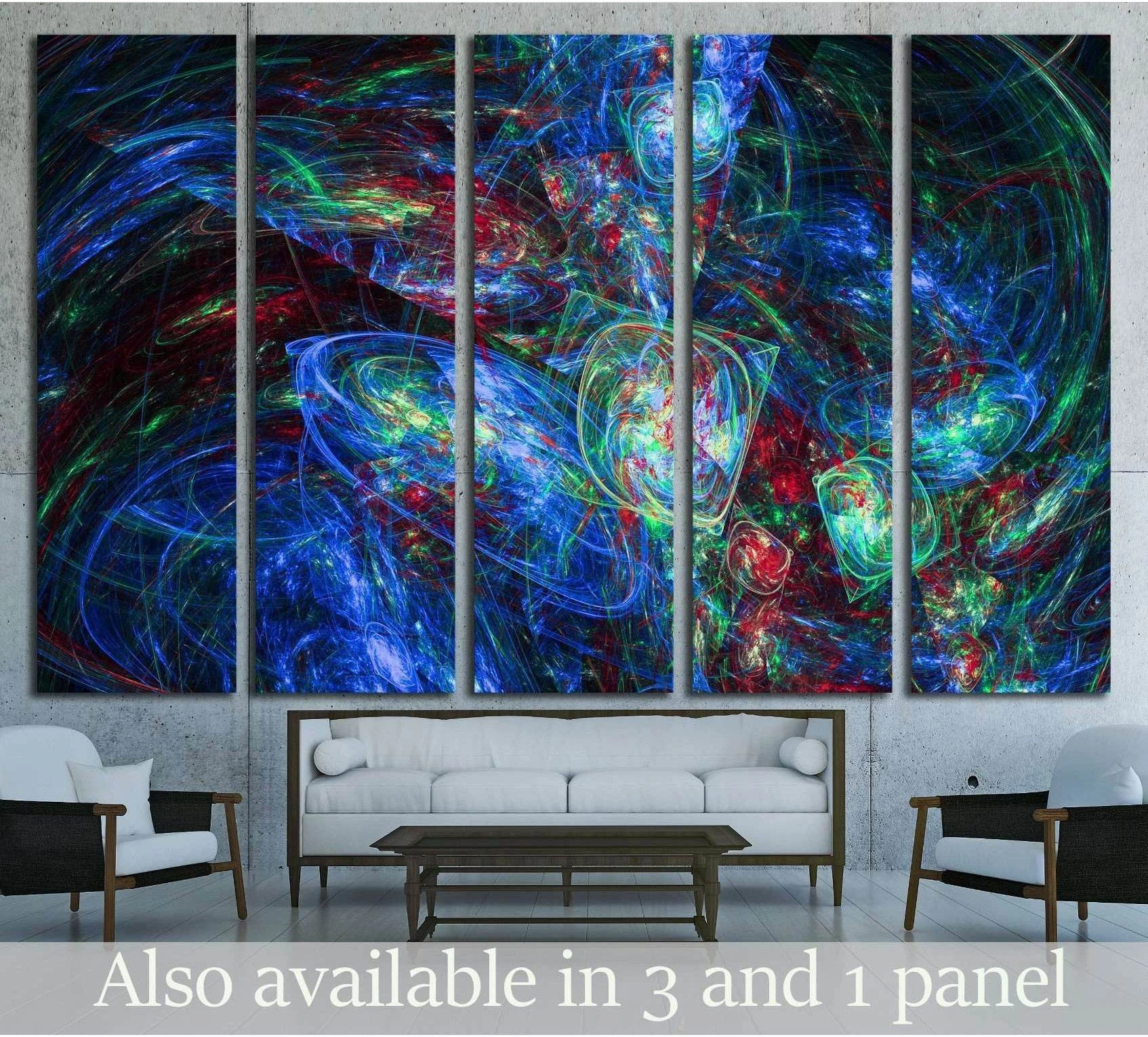 Colorful abstract fractal canvas print with glowing blue green and red swirls in a 5-panel layout