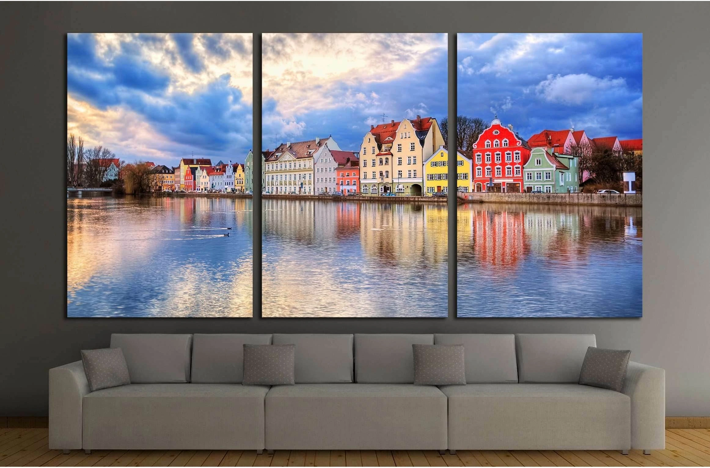 Colorful historical houses on Isar river in an old gothic town Landshut by Munich, Germany №3033 Ready to Hang Canvas Print - Zellart Canvas Prints ALL_Products, s-3033