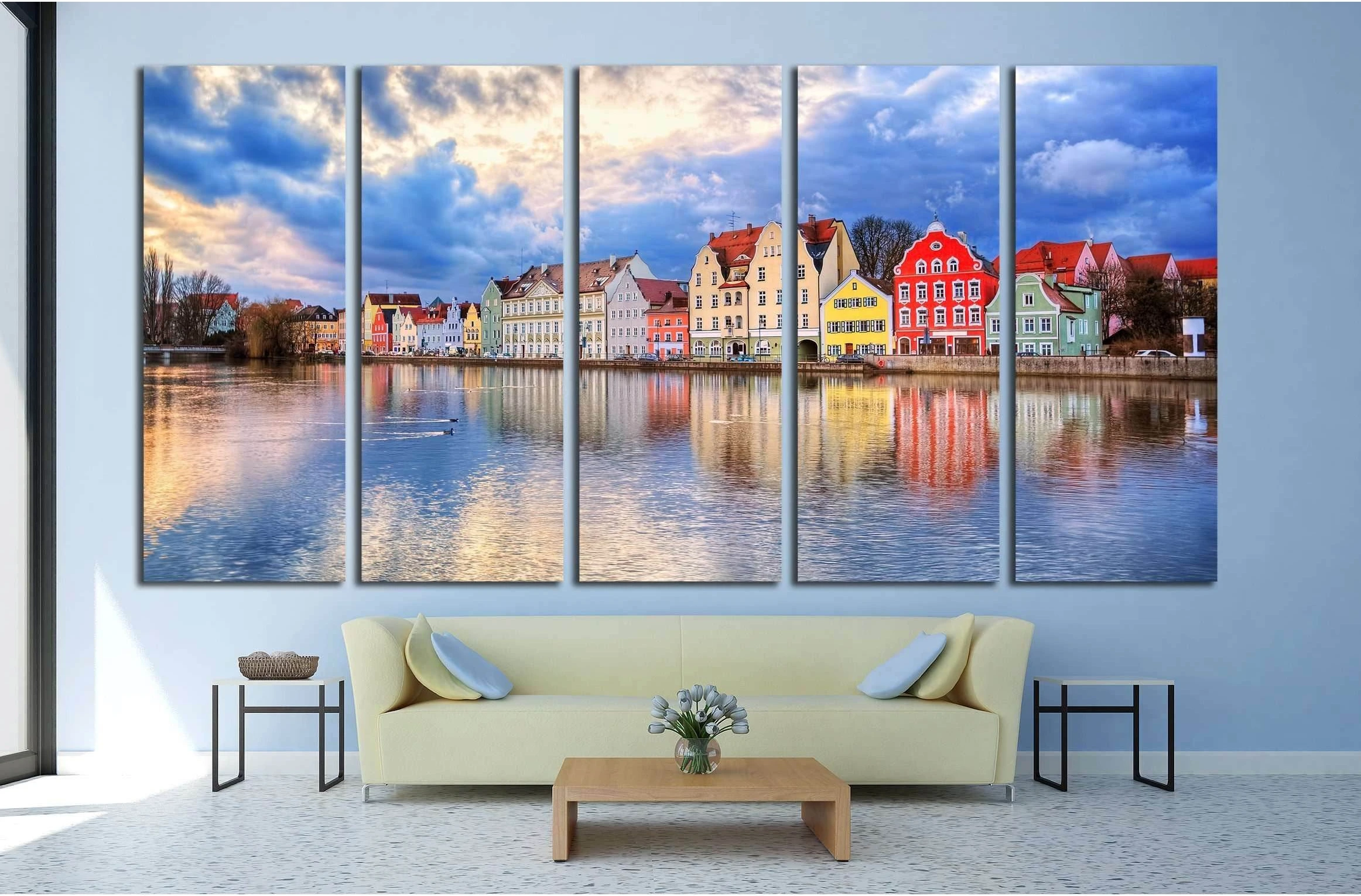 Colorful historical houses on Isar river in an old gothic town Landshut by Munich, Germany №3033 Ready to Hang Canvas Print - Zellart Canvas Prints ALL_Products, s-3033