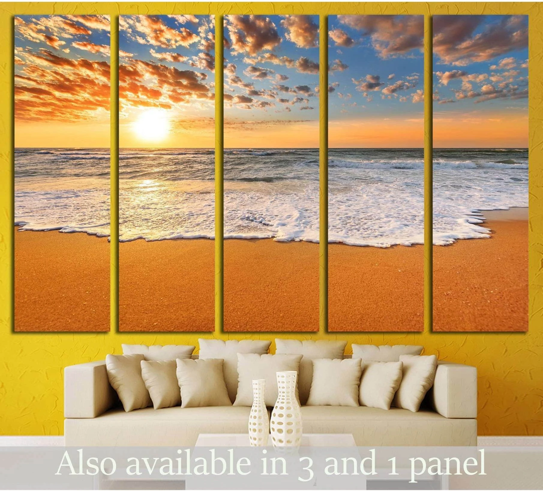Colorful ocean beach sunrise showing sea water, shoreline and horizon depth.
