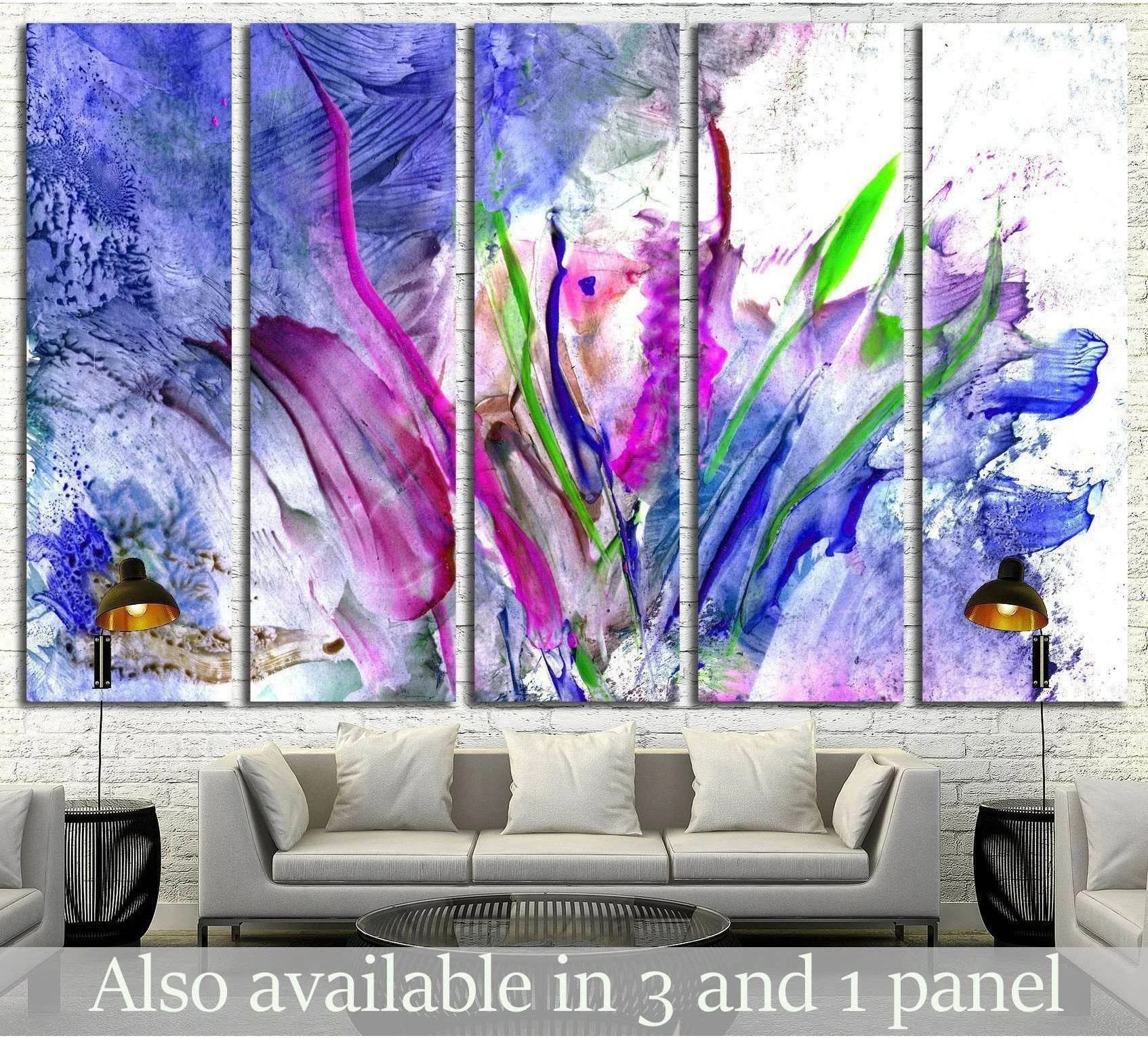 Abstract floral canvas print with purple pink blue and green paint splashes in a five-panel layout